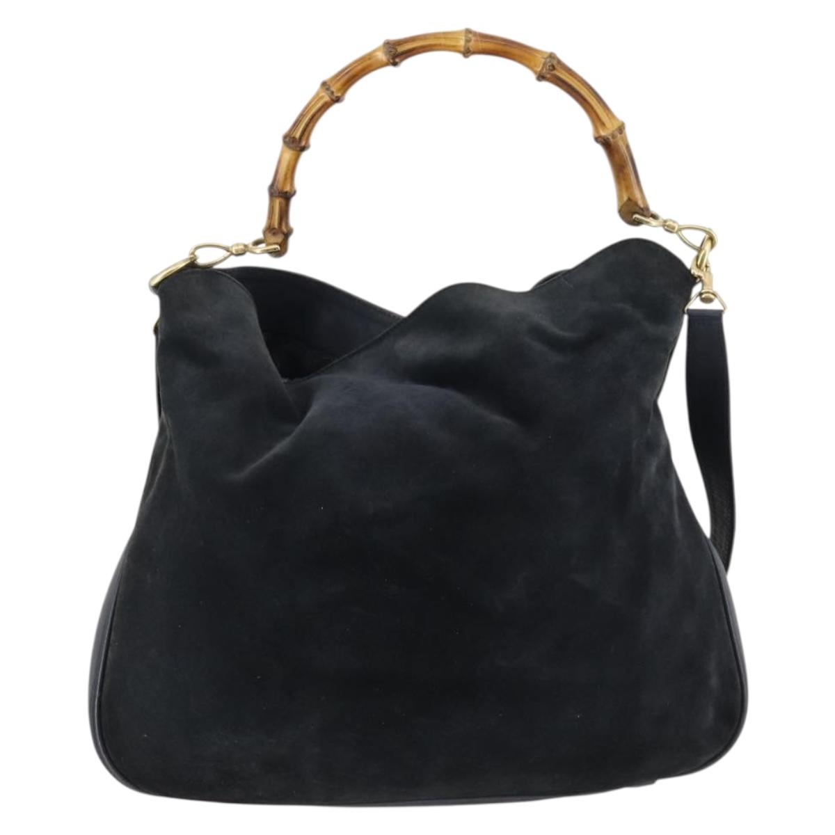 GUCCI Bamboo Shoulder Bag Suede 2way Black Gold 001 1781 1577 Auth 141499