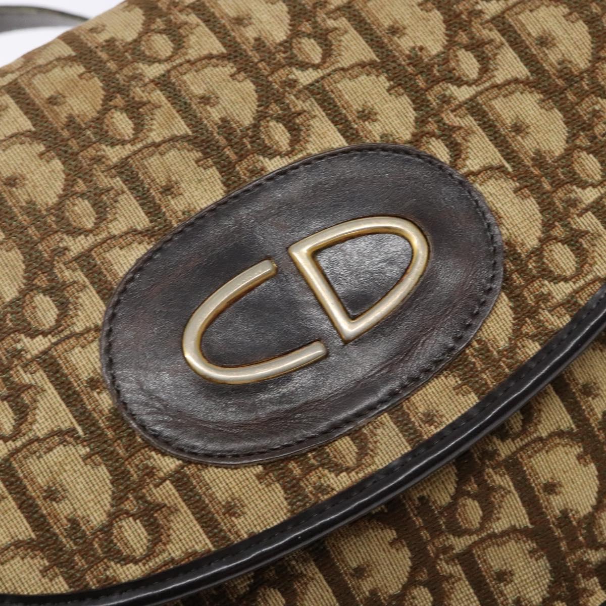 Christian Dior Trotter Canvas Shoulder Bag Brown Gold Auth 141500