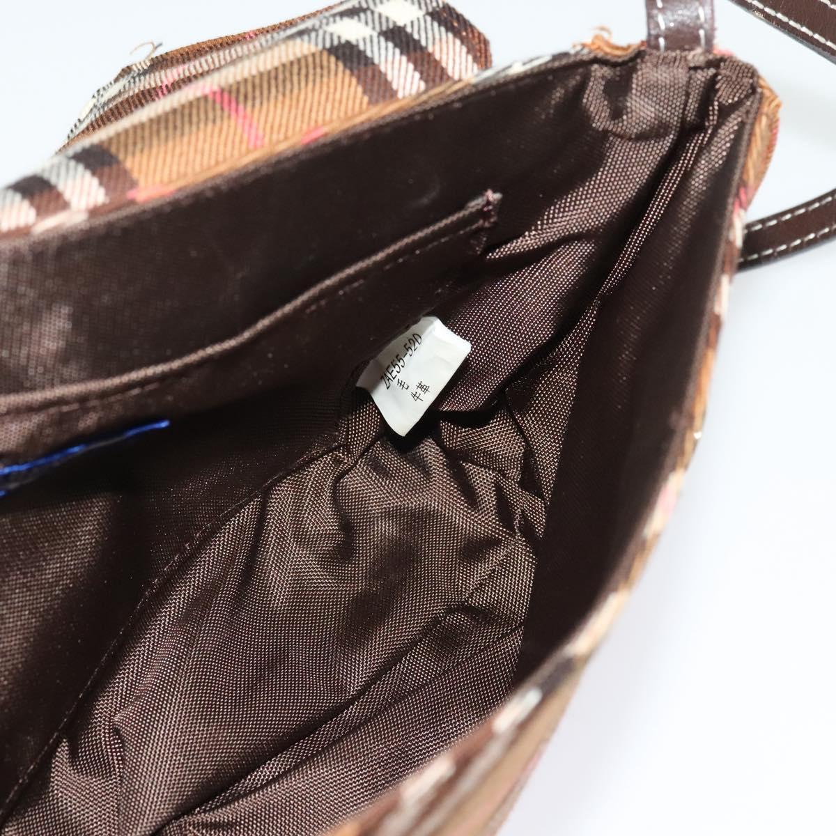 BURBERRY Nova Check Blue Label Shoulder Bag Canvas Brown Silver Auth 141511