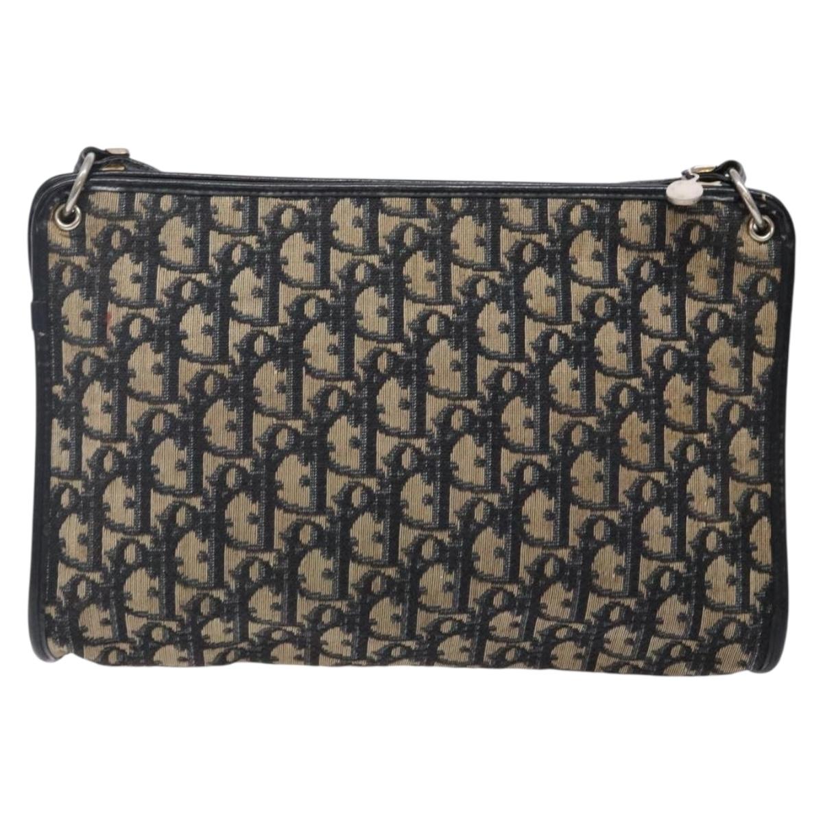 Christian Dior Trotter Canvas Shoulder Bag Navy Gold Auth 141525