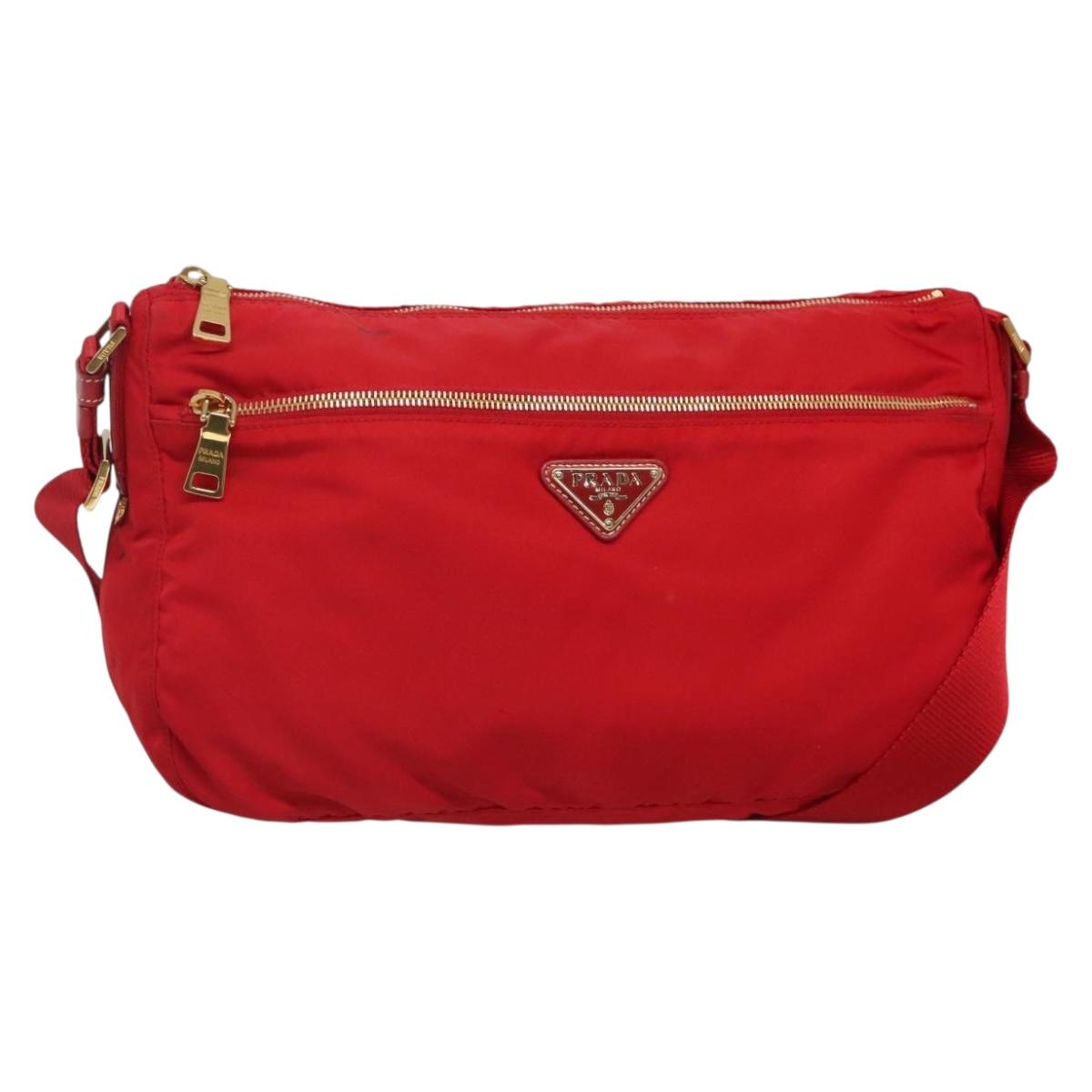 PRADA Shoulder Bag Nylon Red Gold Auth 141529