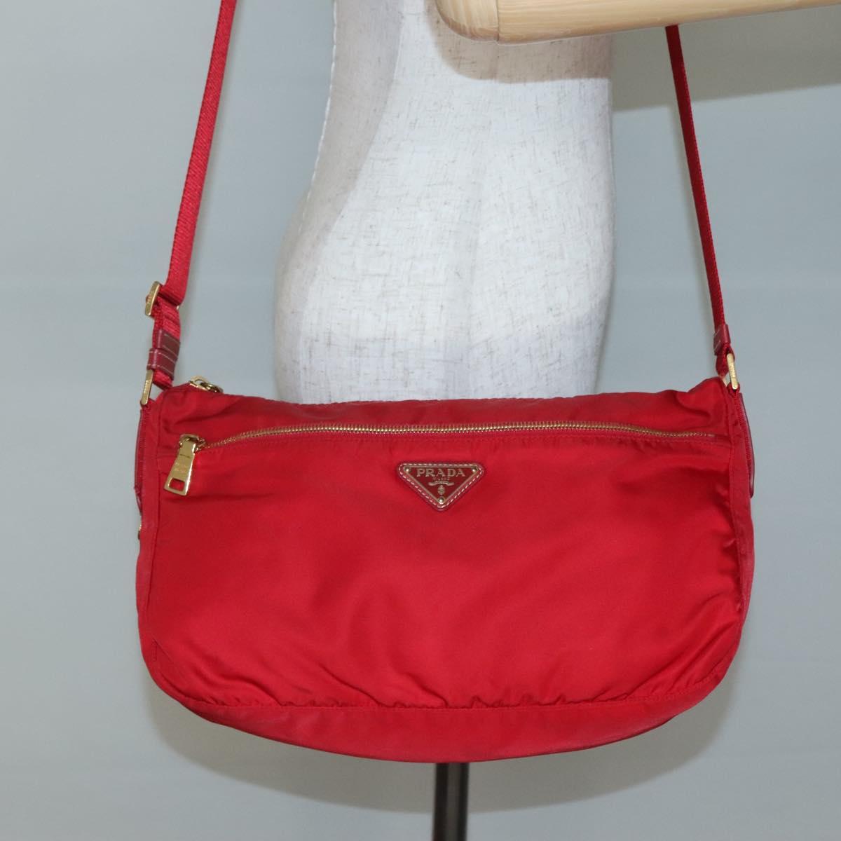 PRADA Shoulder Bag Nylon Red Gold Auth 141529