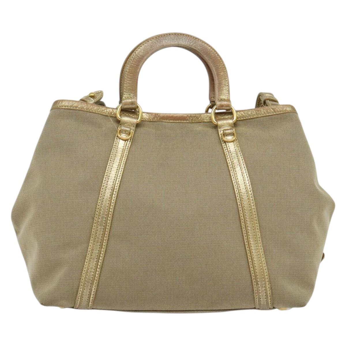 PRADA Logo jacquard Hand Bag Canvas 2way Beige Gold Auth 141533