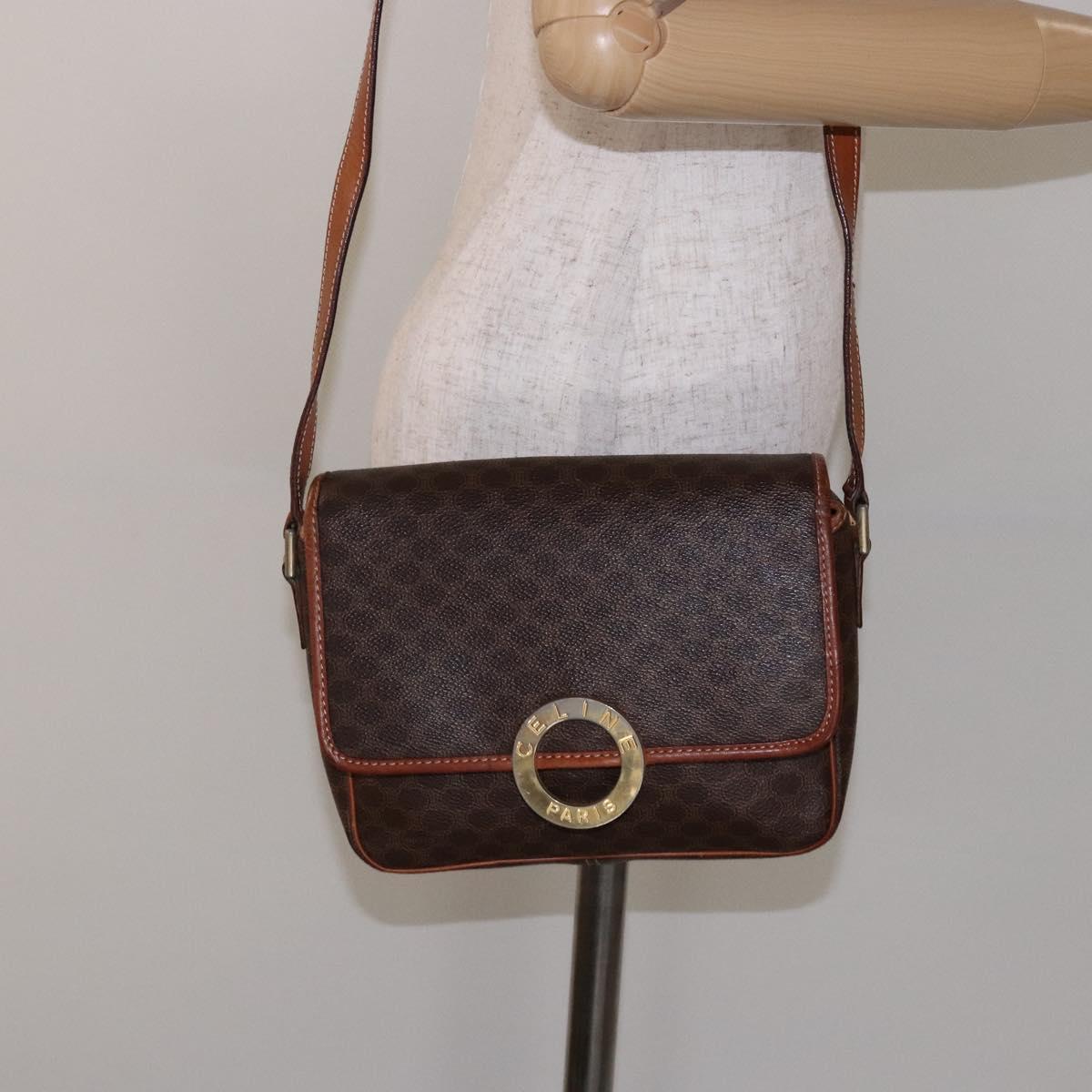 CELINE Macadam Canvas Circle Shoulder Bag PVC Leather Brown Gold Auth 141611