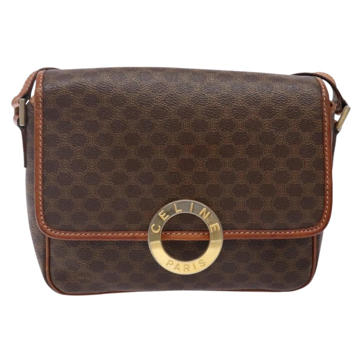 CELINE Macadam Canvas Circle Shoulder Bag PVC Leather Brown Gold Auth 141611