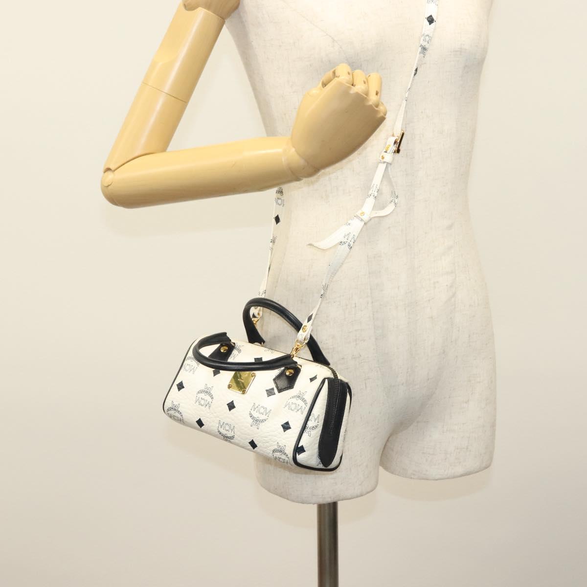 MCM Logogram Vicetos Mini Hand Bag PVC 2way White Gold Auth 141704