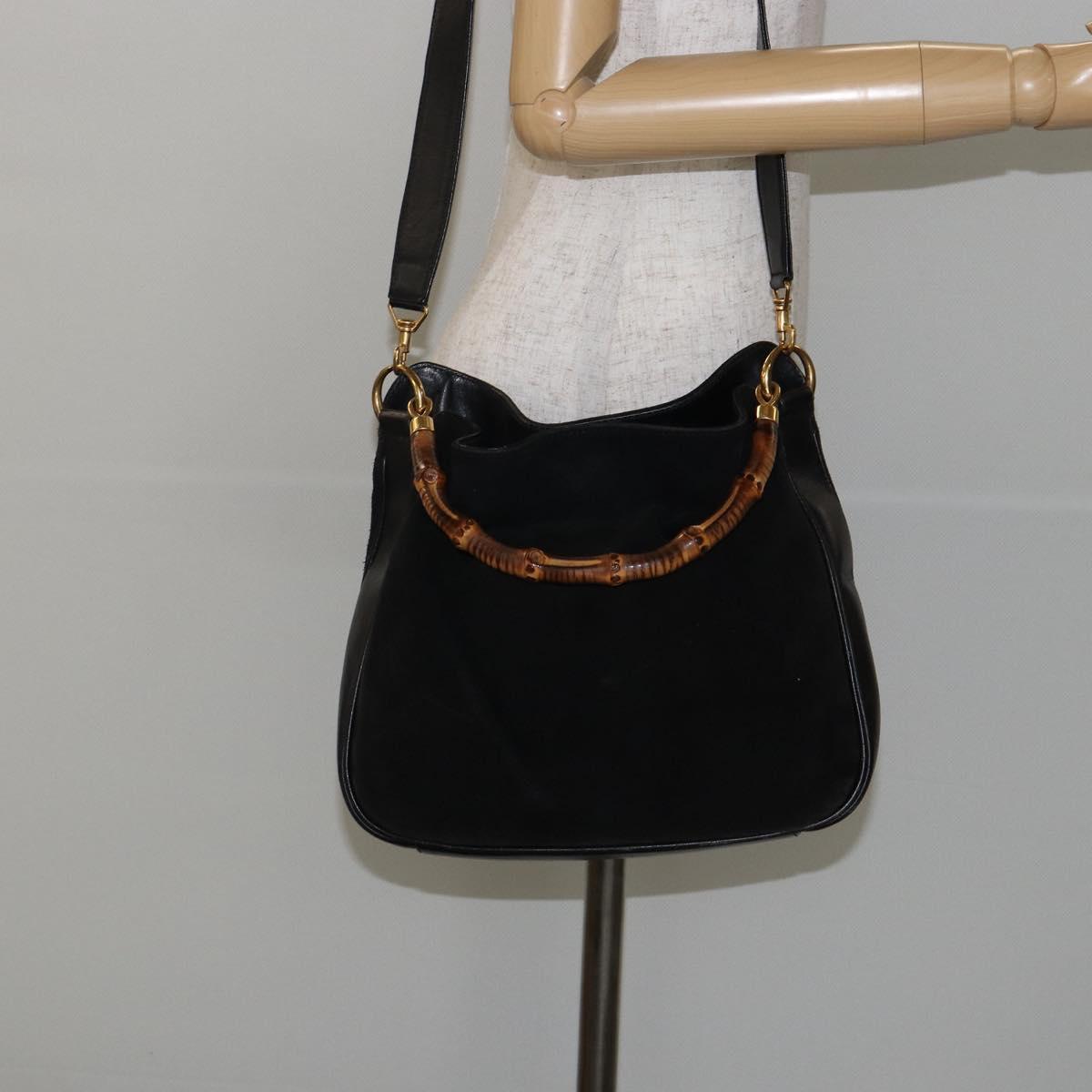 GUCCI Hand Bag Suede Leather 2way Black Gold 001 1732 1638 Auth 141717