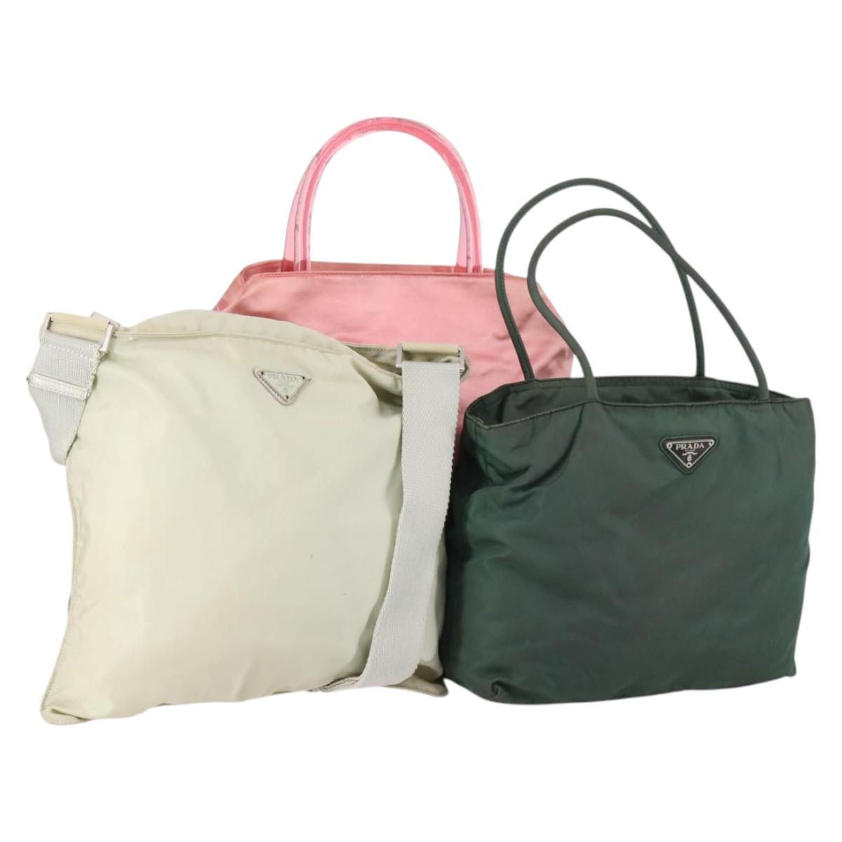 PRADA Shoulder Bag Nylon 3Set Beige Green pink Auth 141719