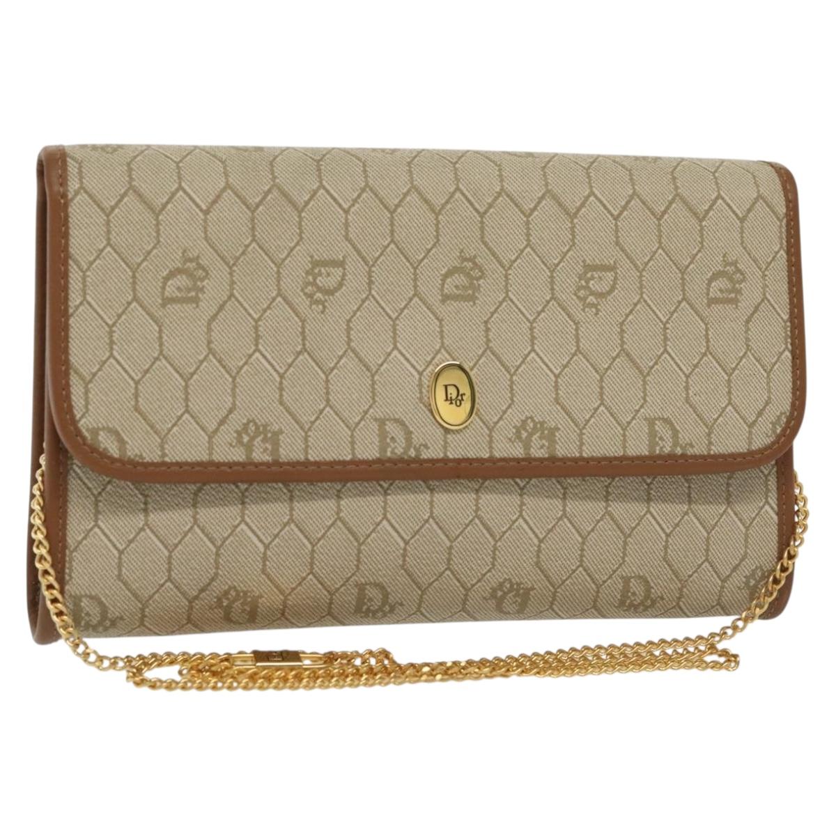 Christian Dior Honeycomb Canvas Chain Shoulder Bag PVC Beige Gold Auth 141763