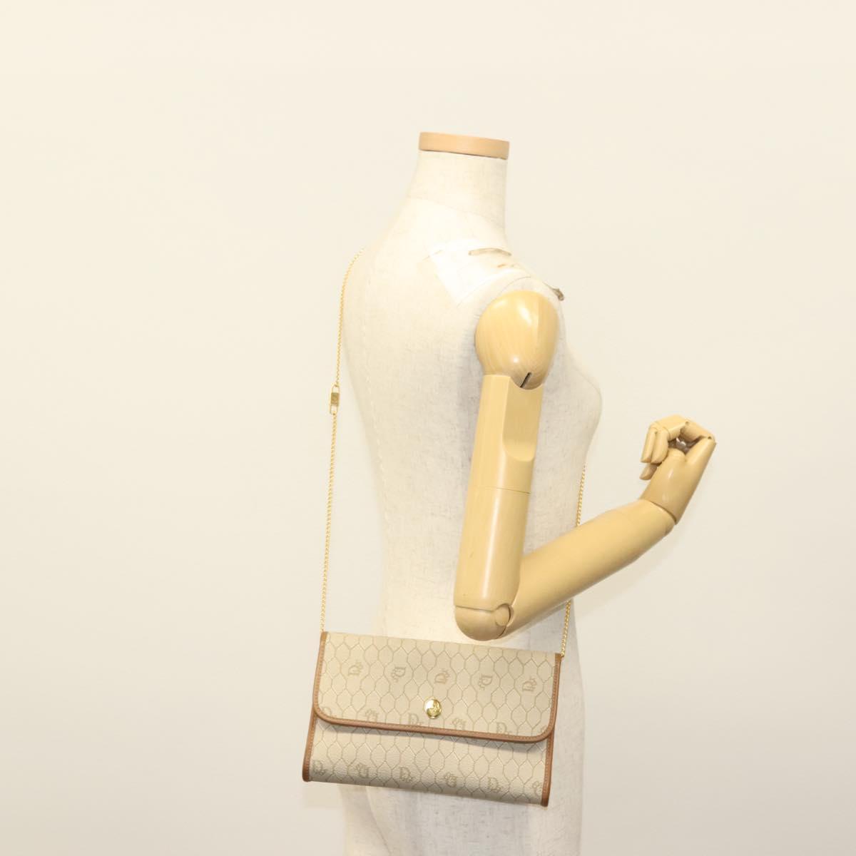 Christian Dior Honeycomb Canvas Chain Shoulder Bag PVC Beige Gold Auth 141763