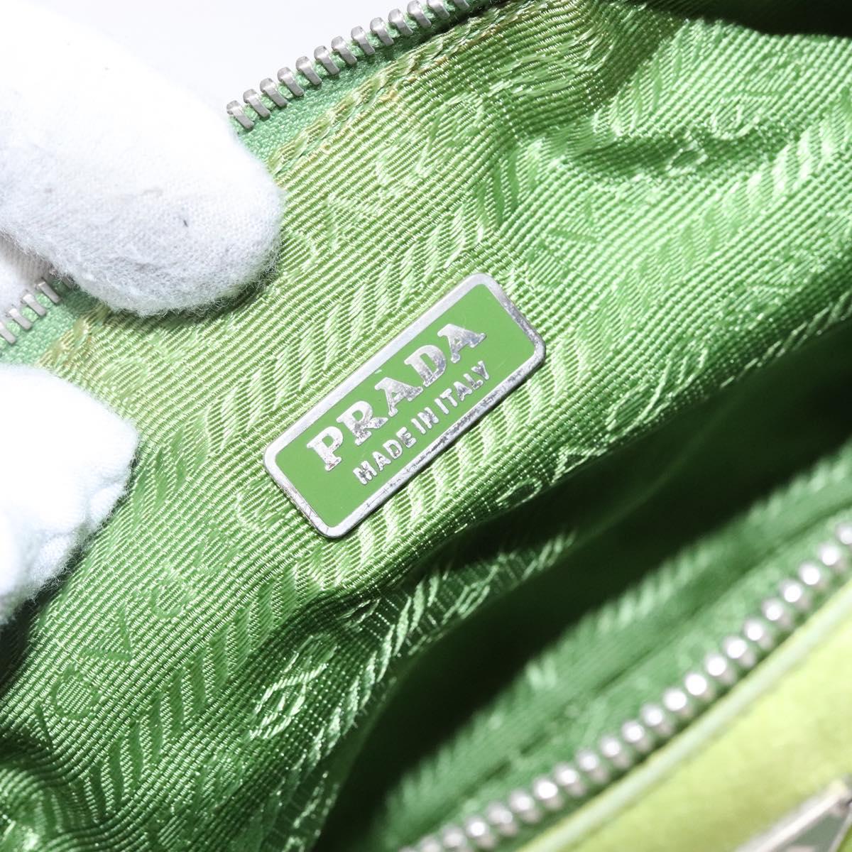 PRADA Accessory Pouch Satin Silver Light green Auth 141804