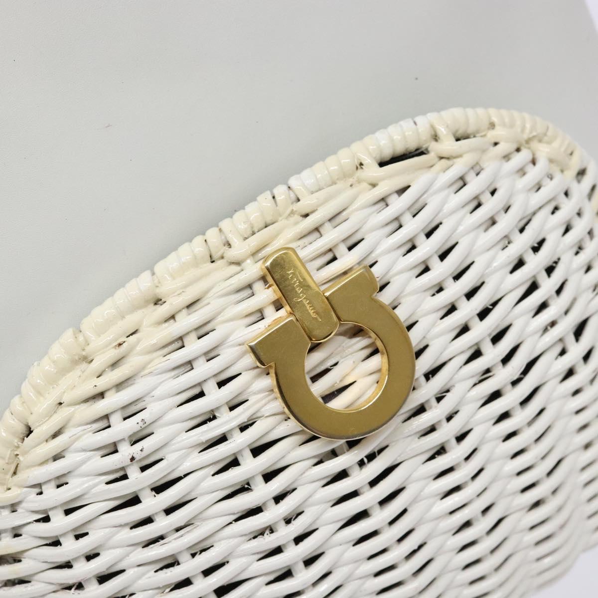 Salvatore Ferragamo Gancini Hand Bag Rattan White Gold Auth 141821