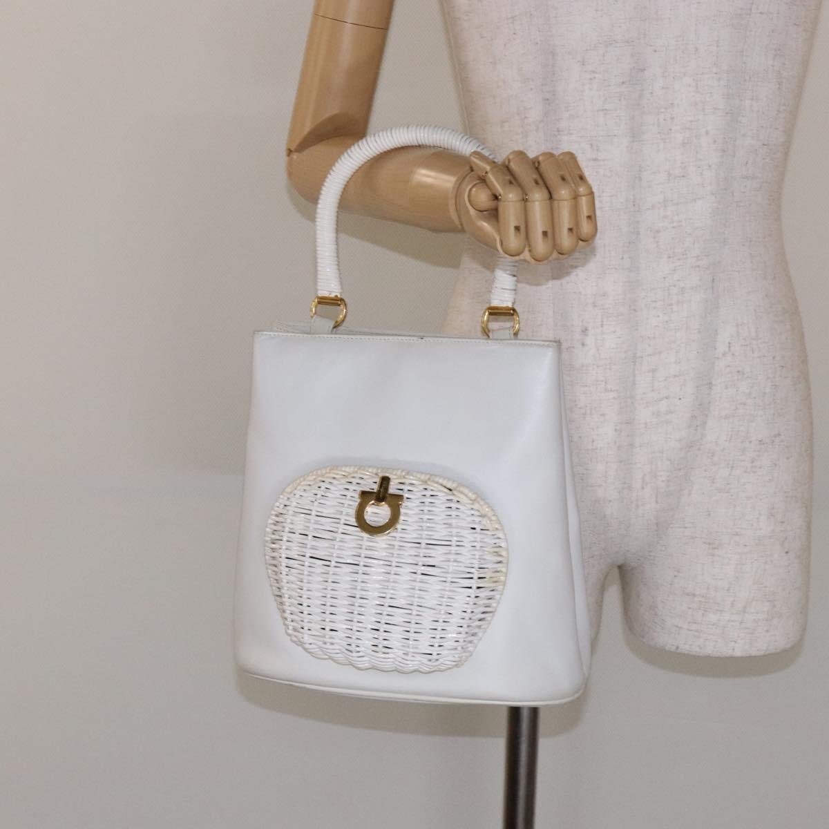 Salvatore Ferragamo Gancini Hand Bag Rattan White Gold Auth 141821