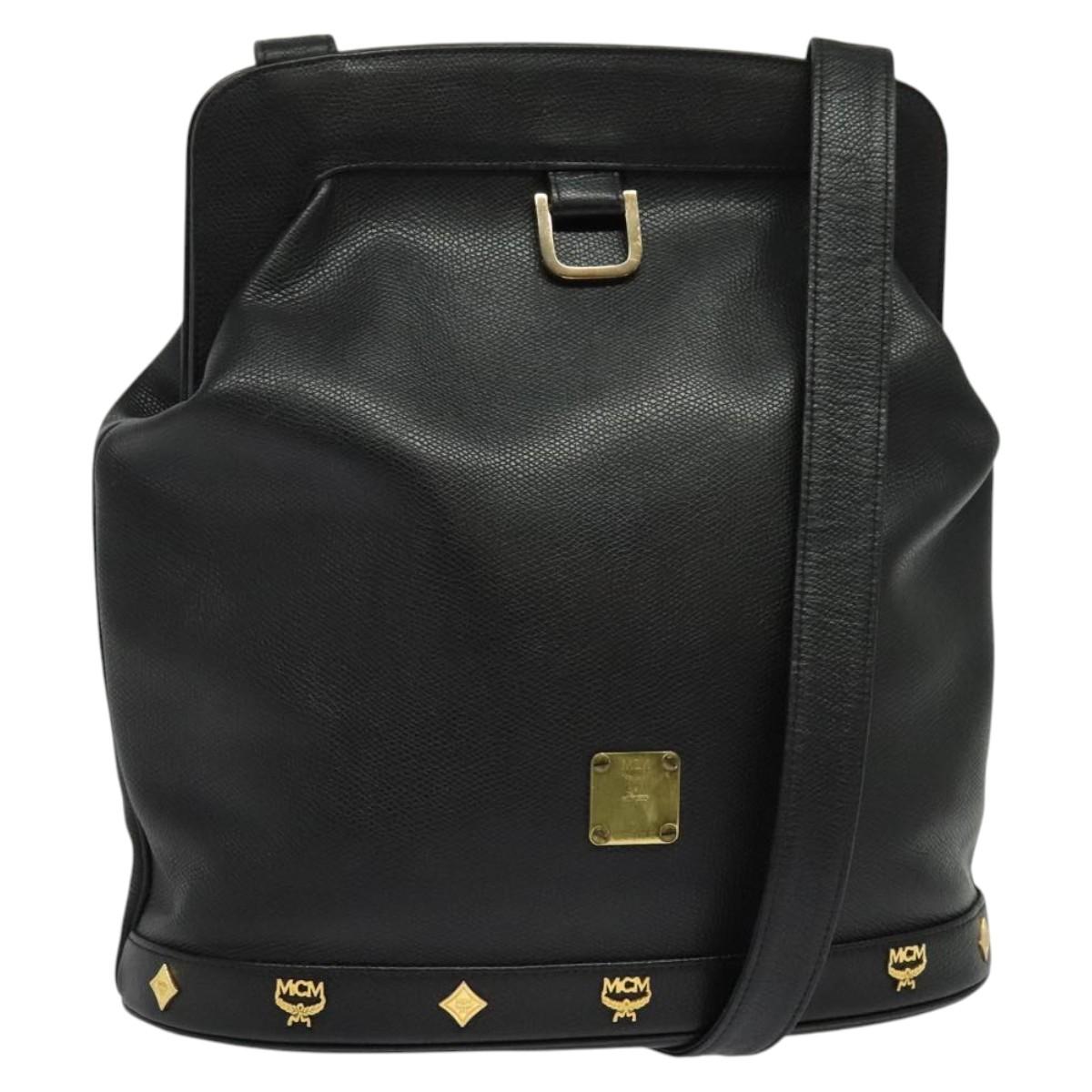 MCM Studs Shoulder Bag Leather Black Gold Auth 141865