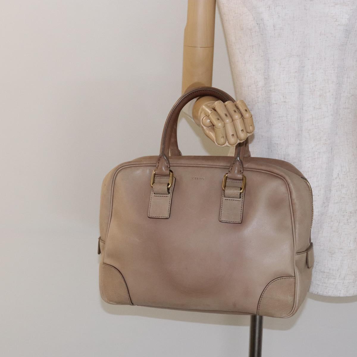 CELINE Hand Bag Leather Beige Gold Auth 141898