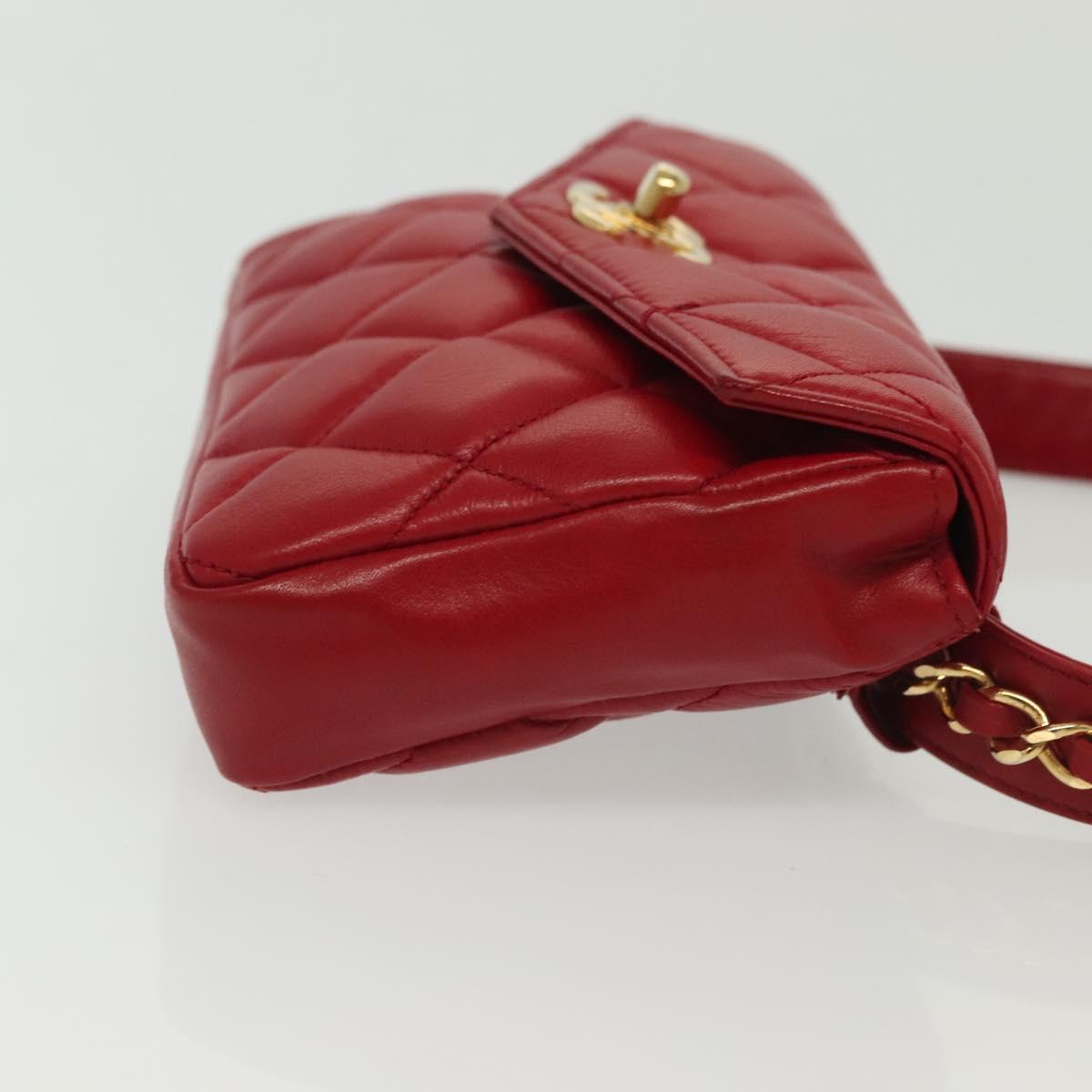 CHANEL Waist Bag Lamb Skin Red Gold CC Auth 141904