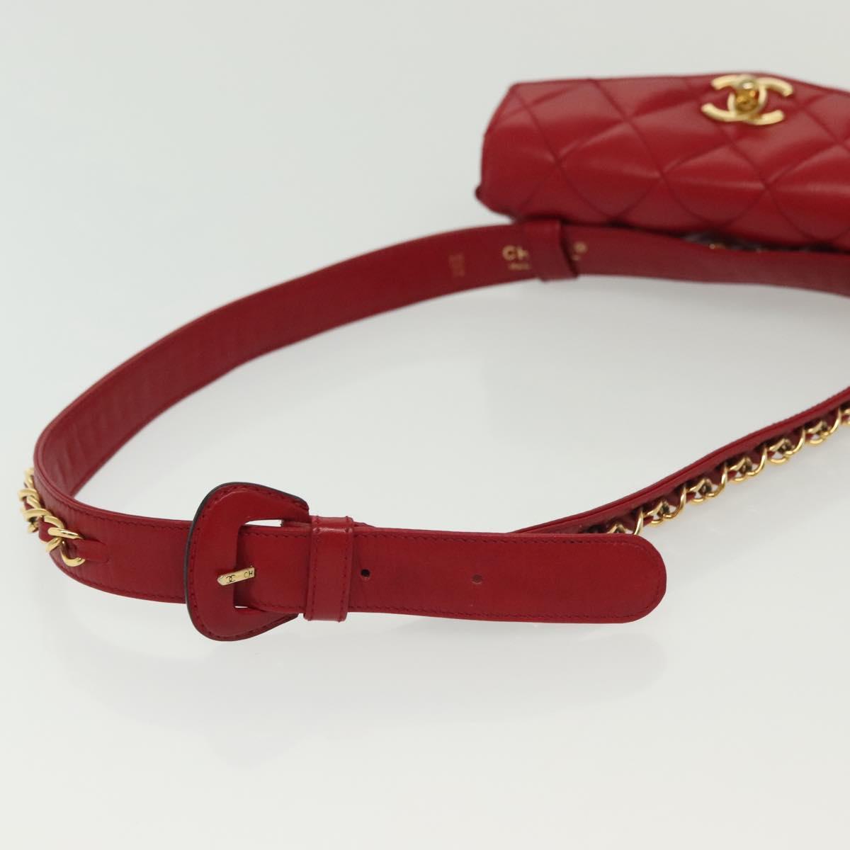 CHANEL Waist Bag Lamb Skin Red Gold CC Auth 141904