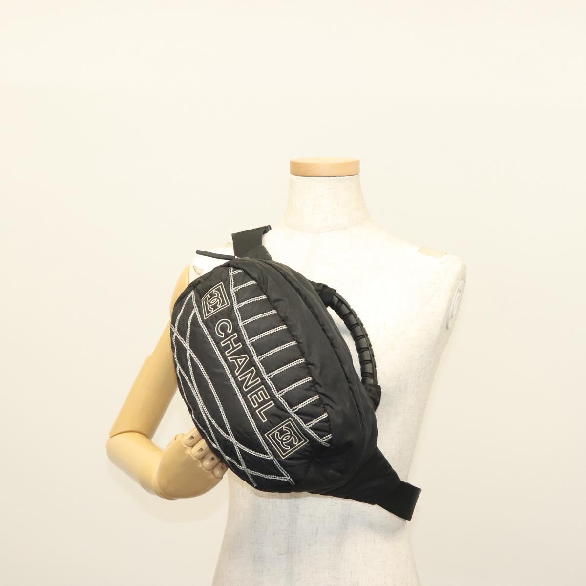 CHANEL Sports Line COCO Mark Waist Bag Nylon Black Silver CC Auth 141906