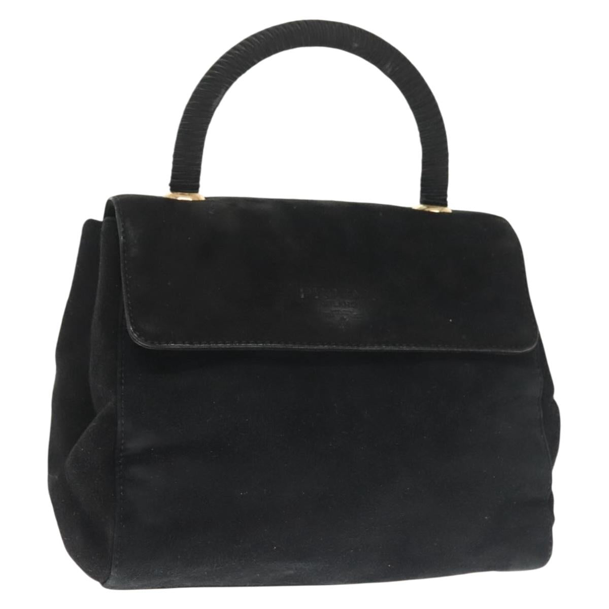 PRADA Hand Bag Suede Black Gold Auth 141959