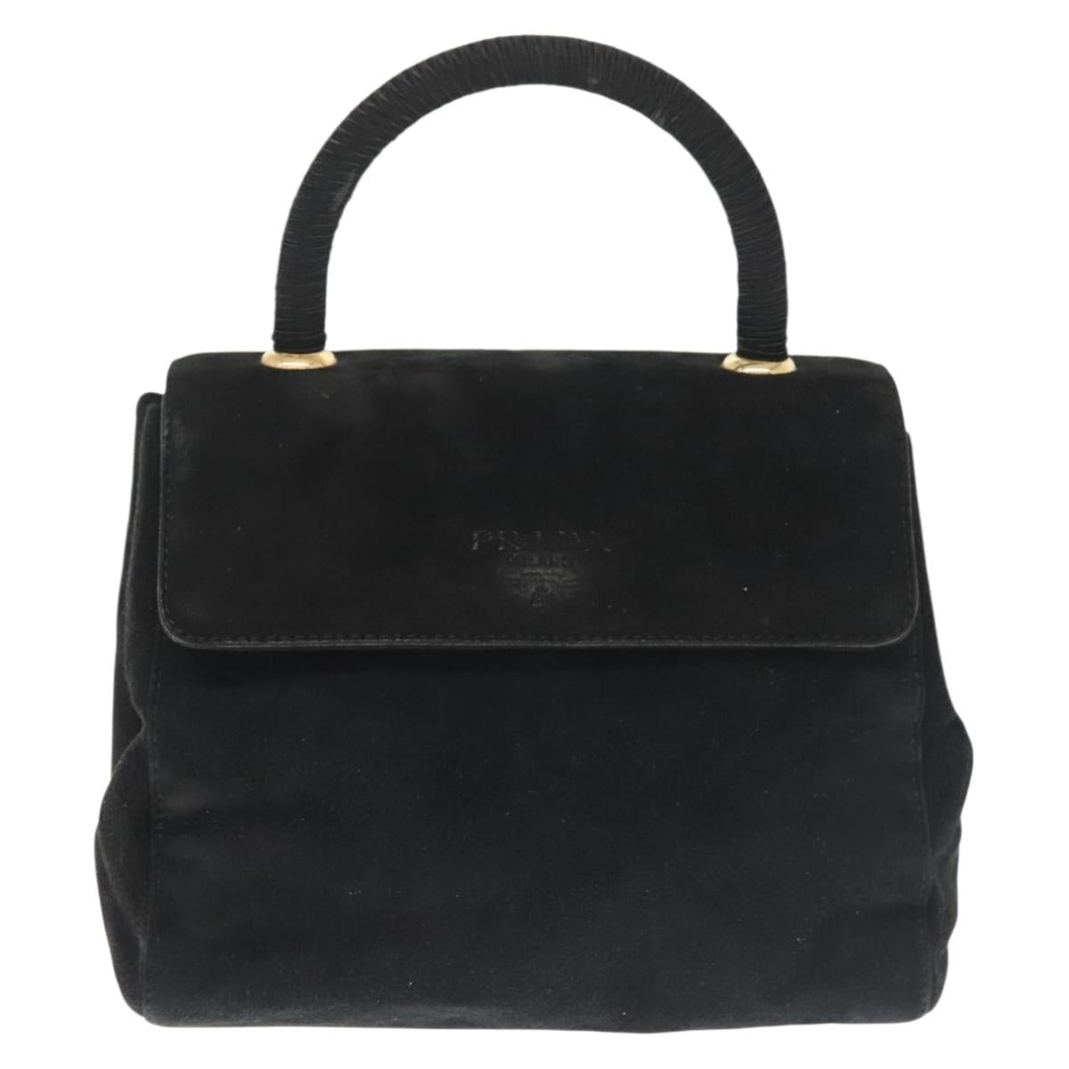 PRADA Hand Bag Suede Black Gold Auth 141959