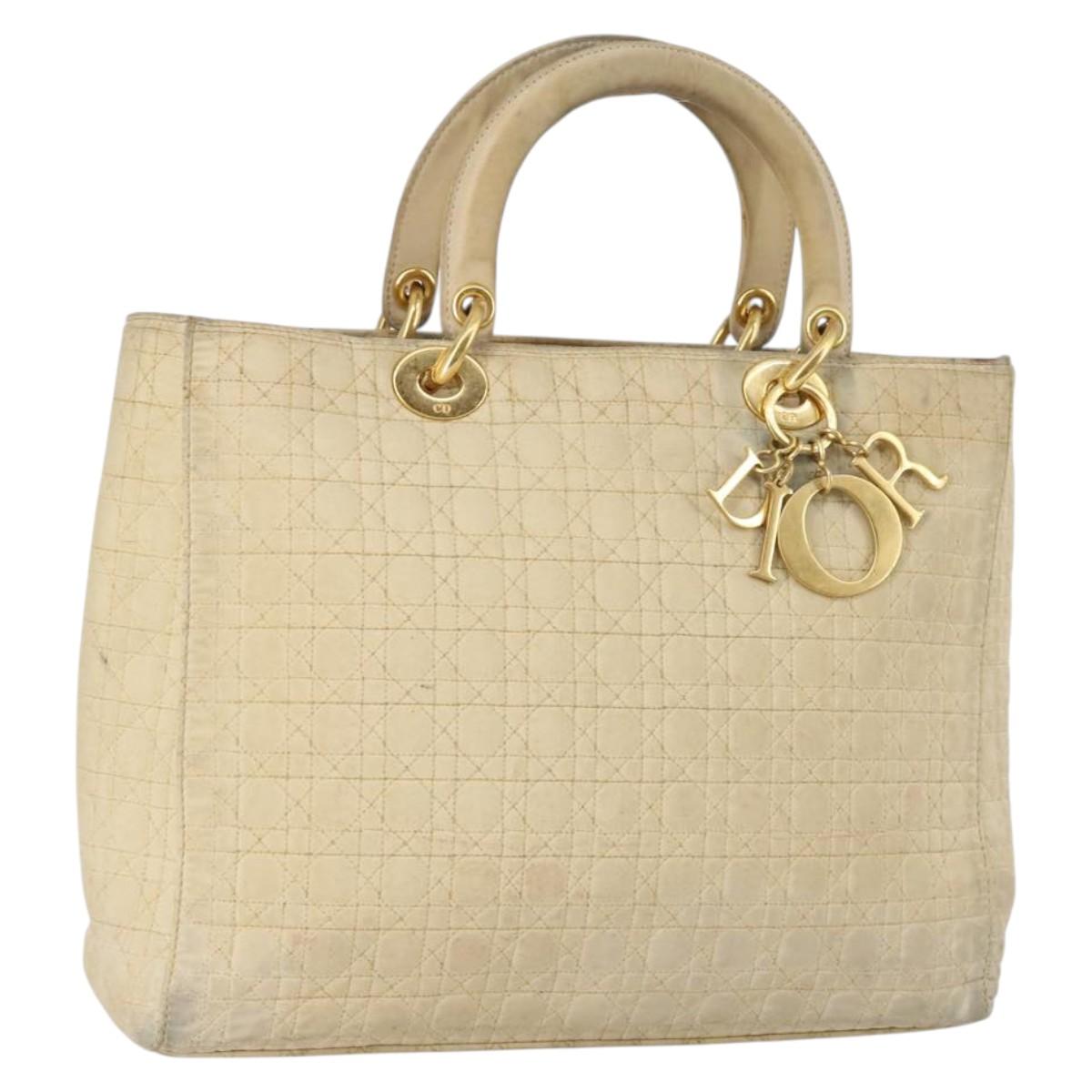 Christian Dior Canage Lady Dior Hand Bag Nylon Beige Gold Auth 142012