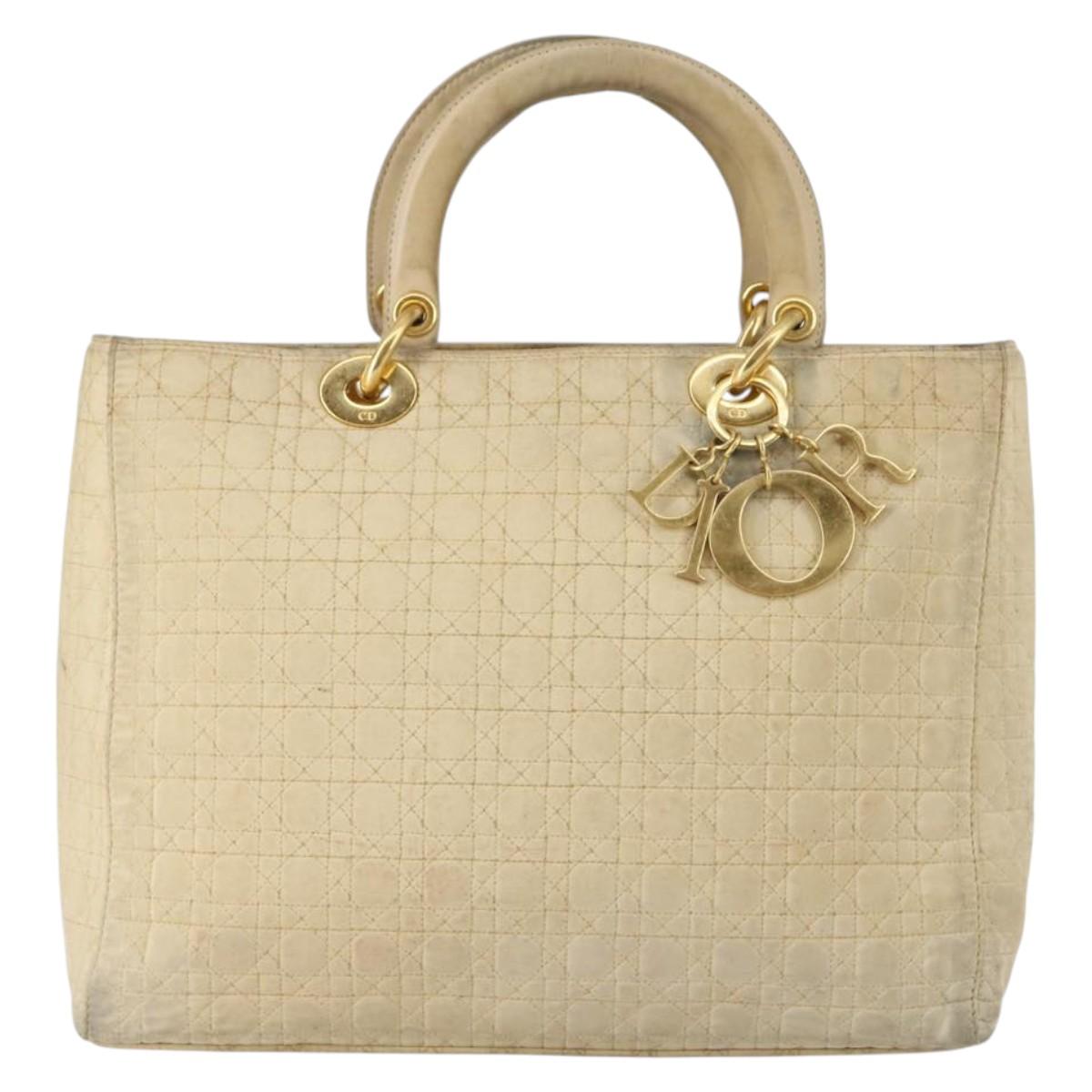 Christian Dior Canage Lady Dior Hand Bag Nylon Beige Gold Auth 142012