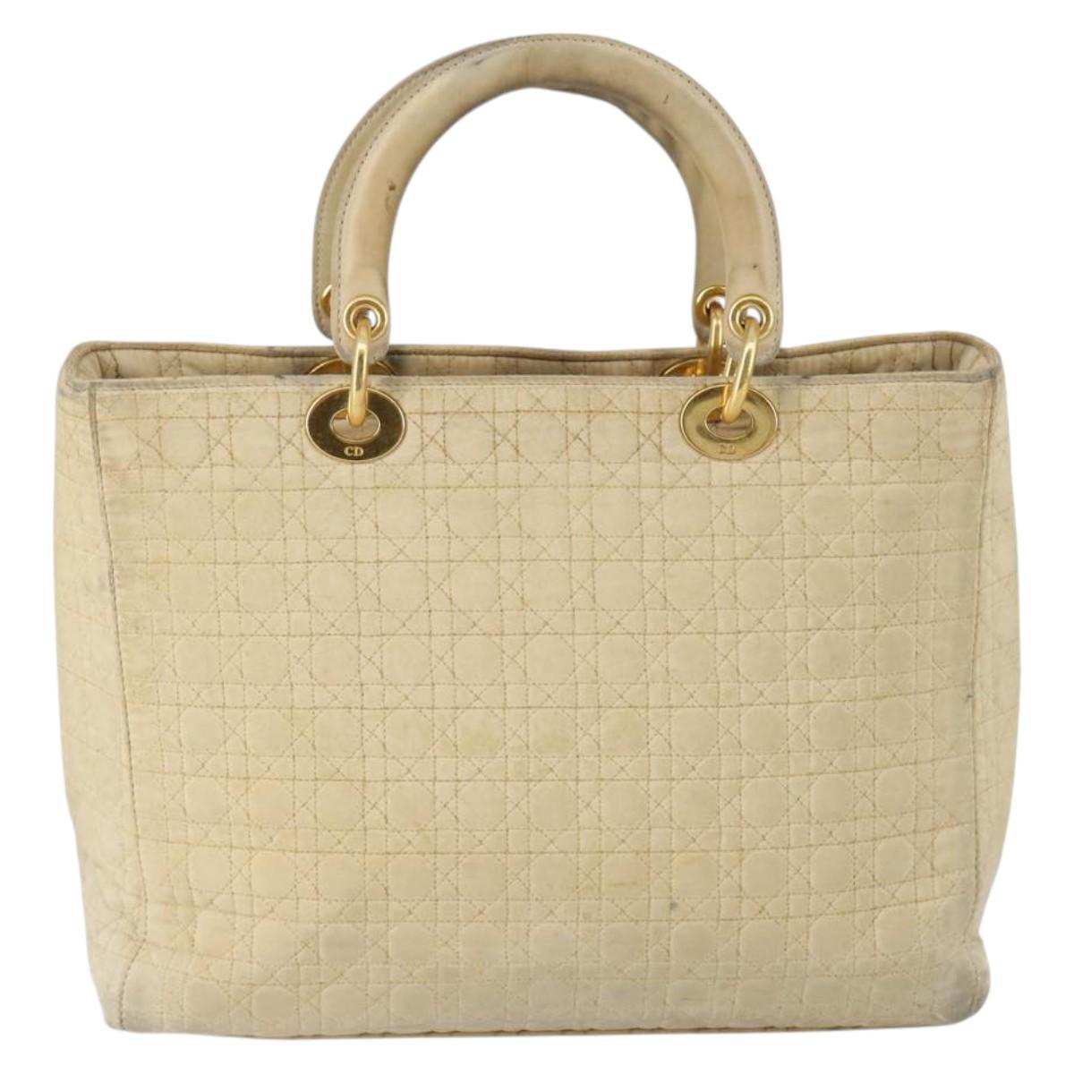 Christian Dior Canage Lady Dior Hand Bag Nylon Beige Gold Auth 142012