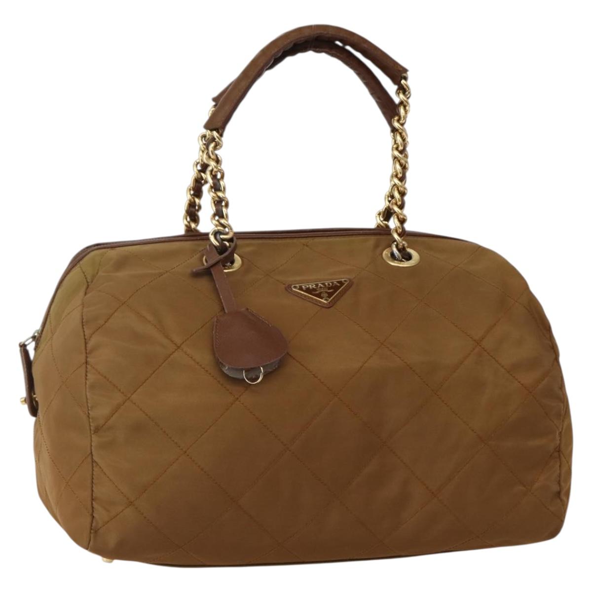 PRADA Chain Hand Bag Nylon Brown Gold Auth 142074
