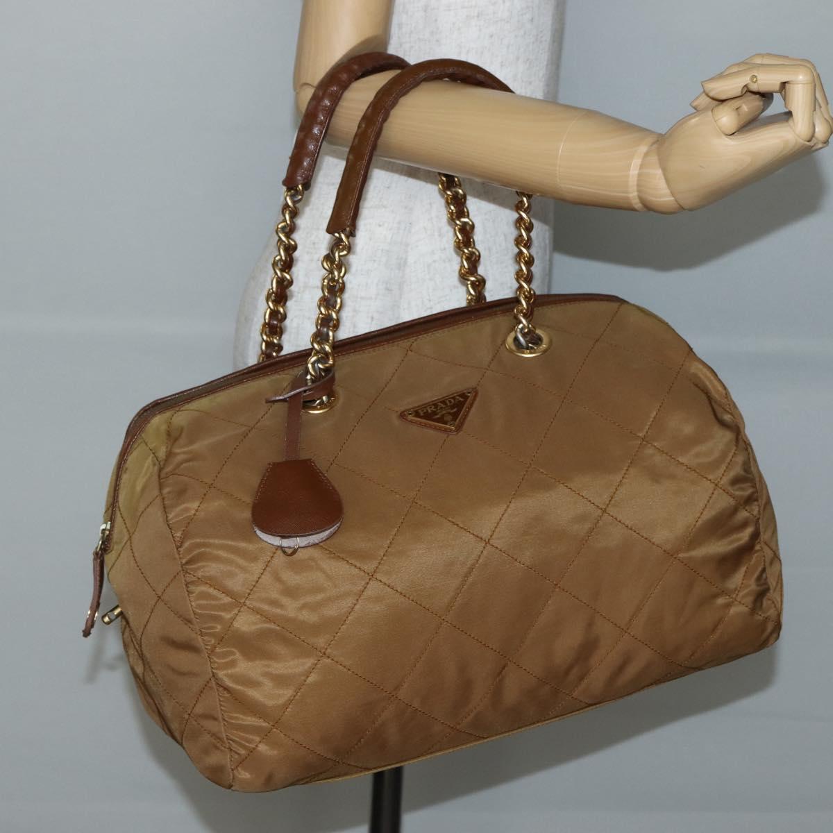 PRADA Chain Hand Bag Nylon Brown Gold Auth 142074