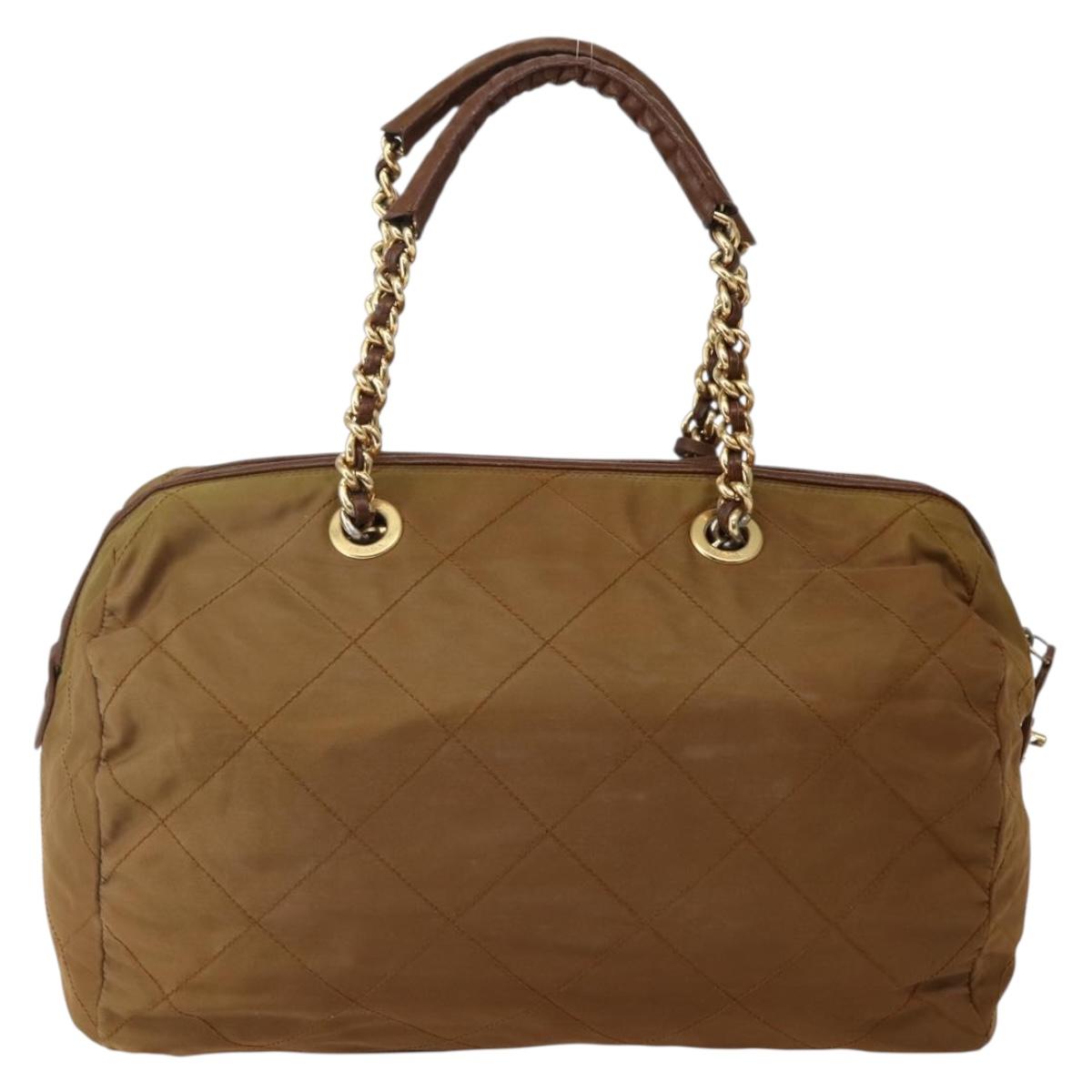 PRADA Chain Hand Bag Nylon Brown Gold Auth 142074