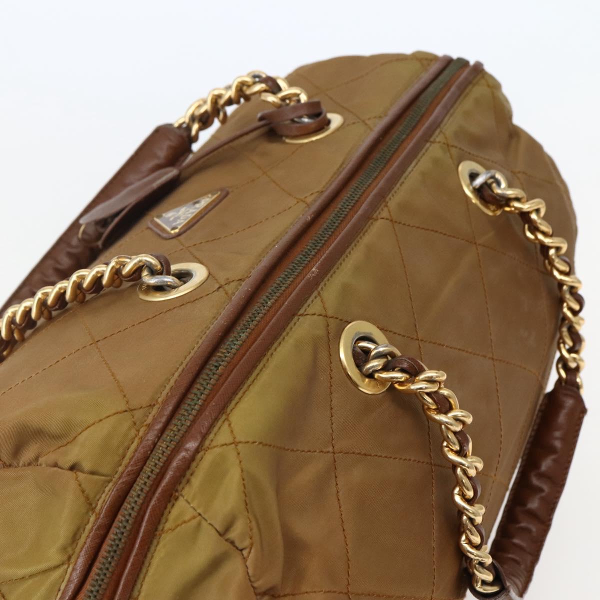 PRADA Chain Hand Bag Nylon Brown Gold Auth 142074