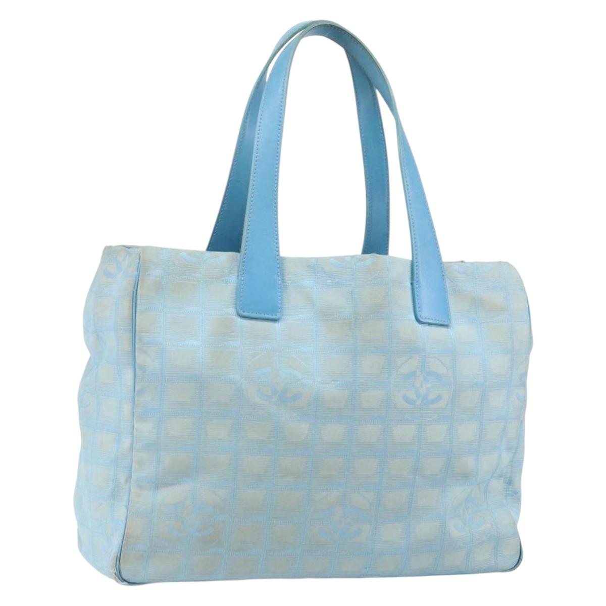 CHANEL New Travel Line Tote Bag Nylon Light Blue Silver CC Auth 142077