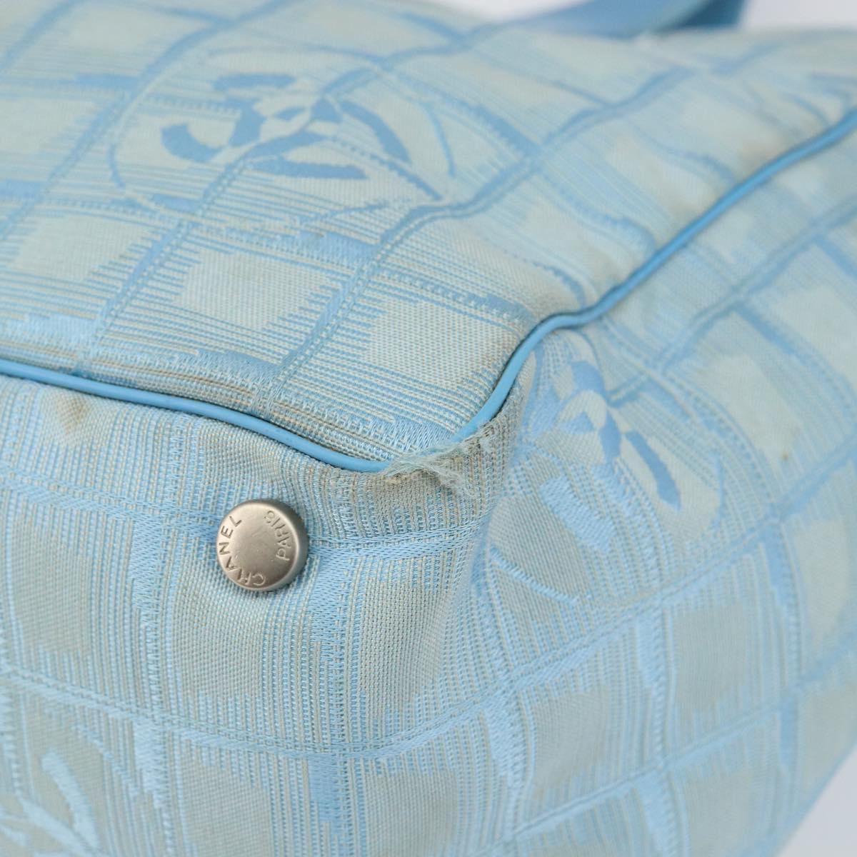 CHANEL New Travel Line Tote Bag Nylon Light Blue Silver CC Auth 142077