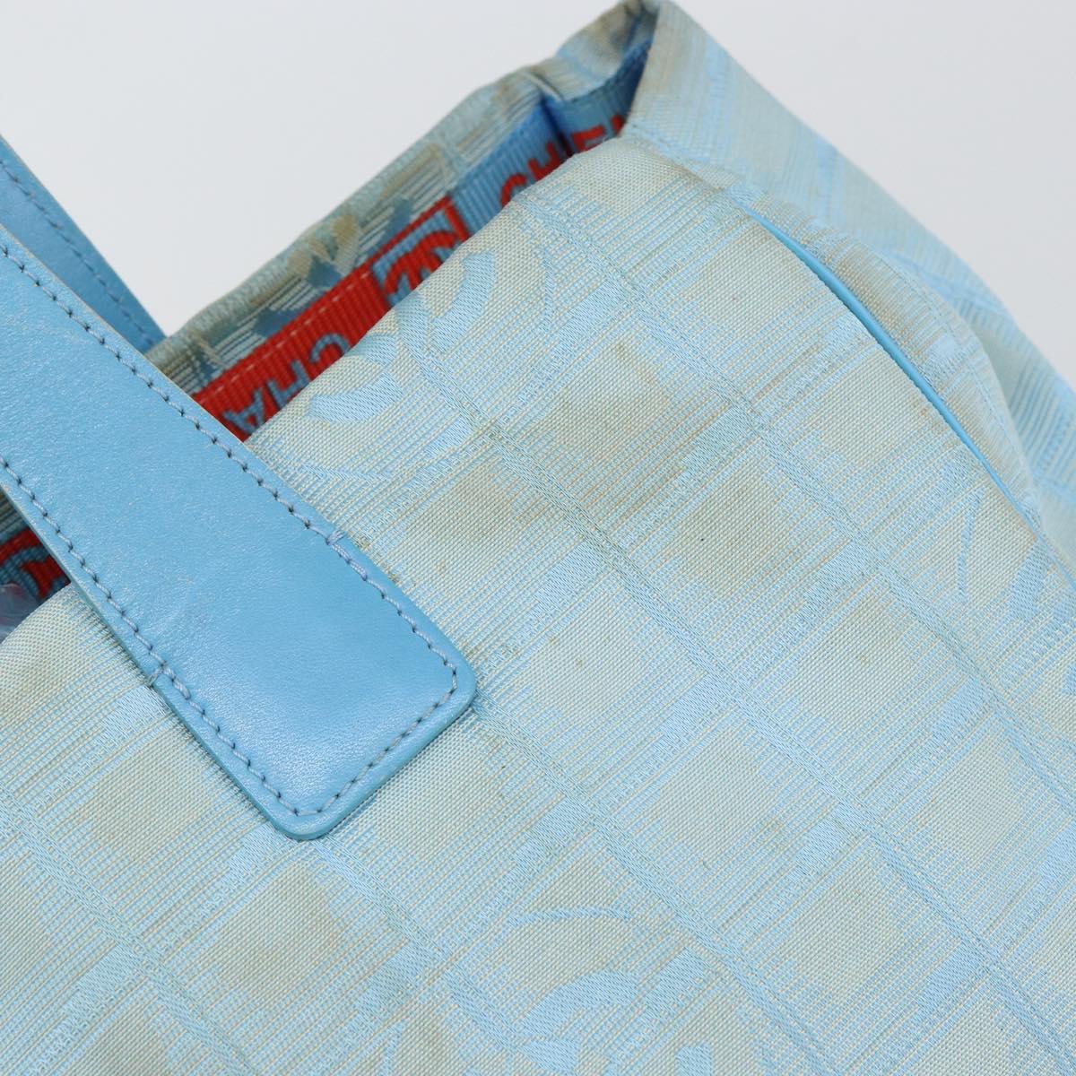 CHANEL New Travel Line Tote Bag Nylon Light Blue Silver CC Auth 142077