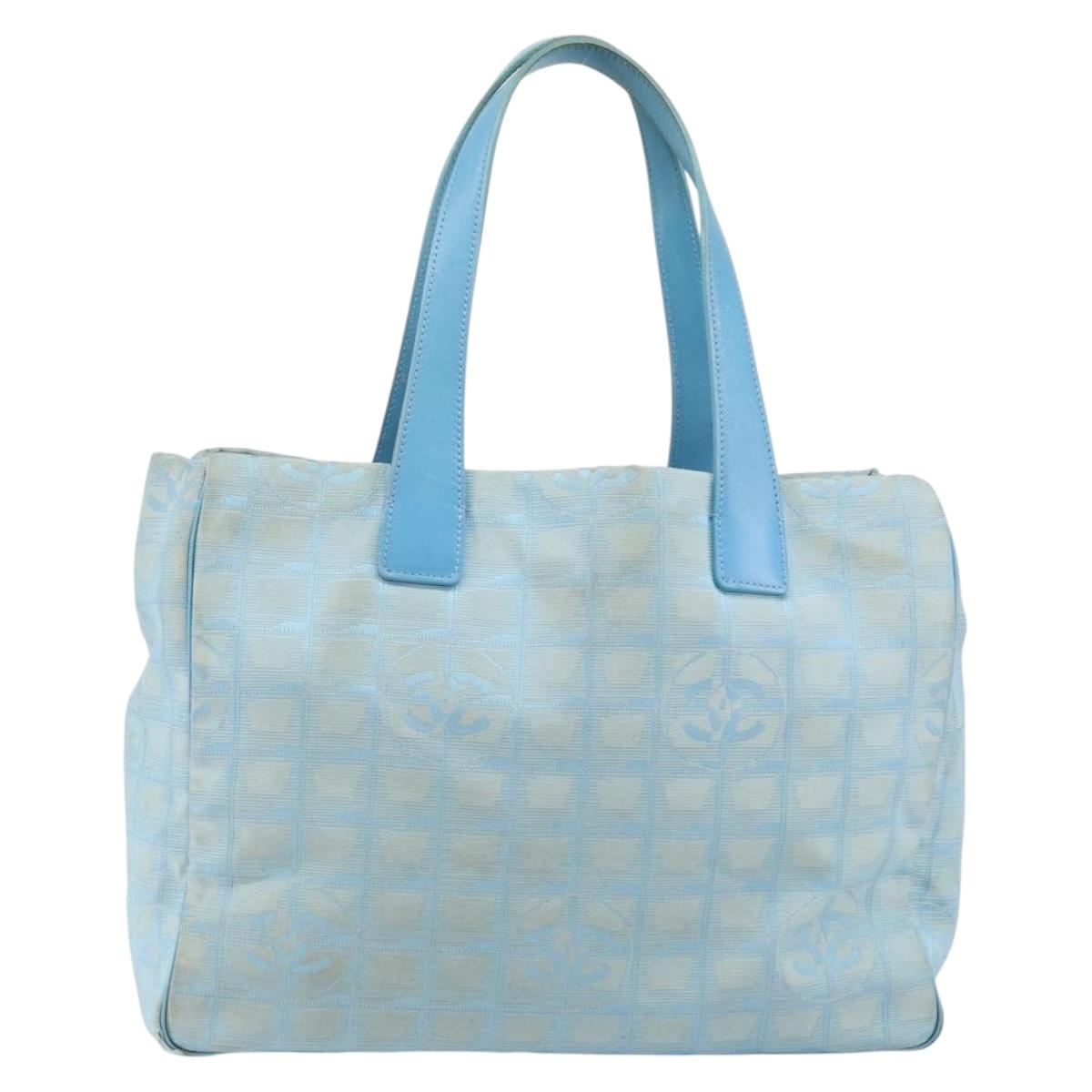 CHANEL New Travel Line Tote Bag Nylon Light Blue Silver CC Auth 142077