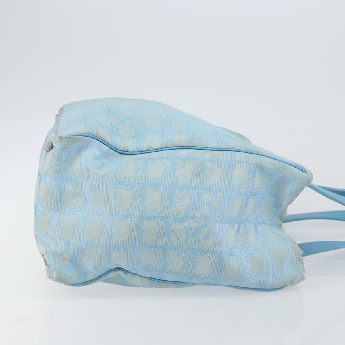 CHANEL New Travel Line Tote Bag Nylon Light Blue Silver CC Auth 142077