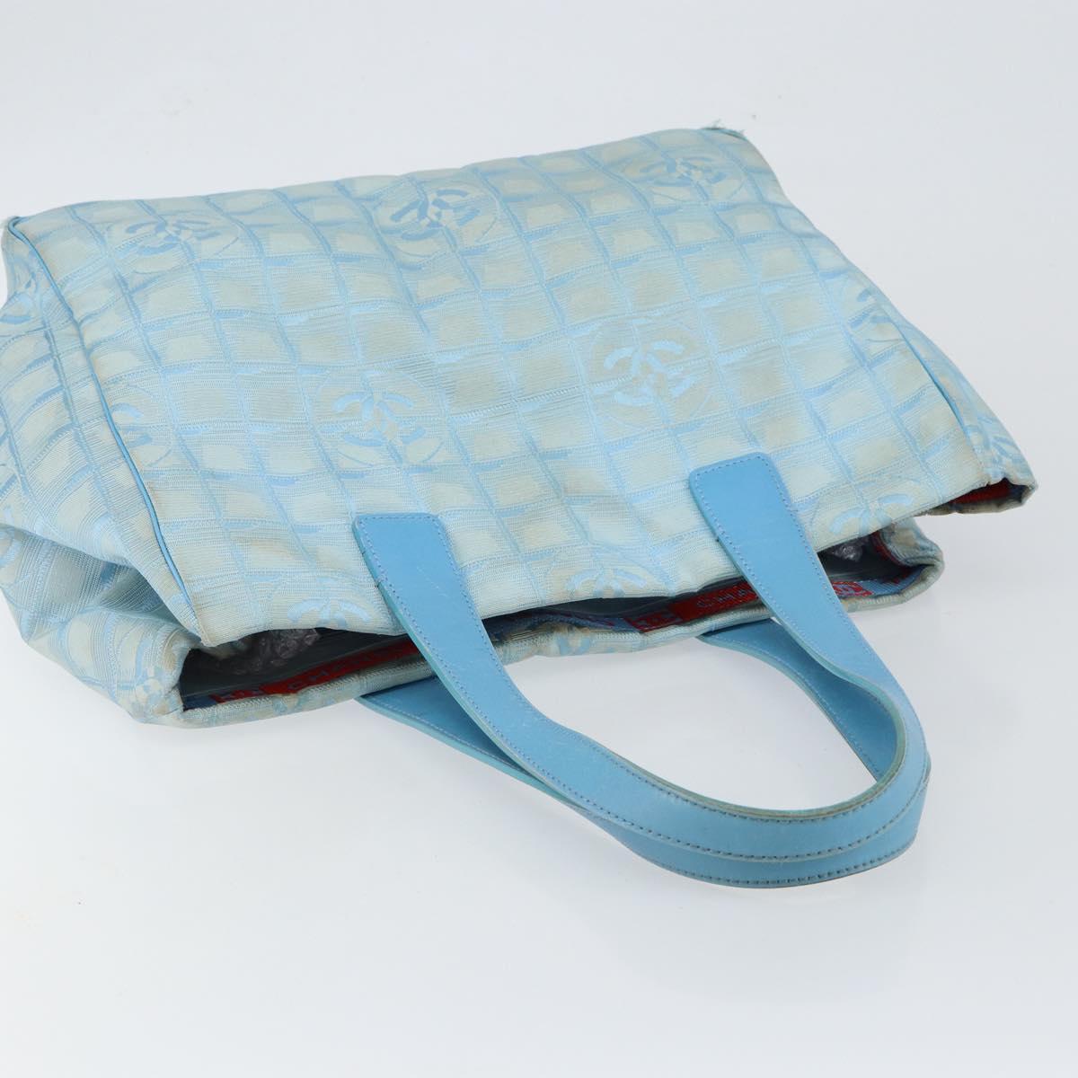 CHANEL New Travel Line Tote Bag Nylon Light Blue Silver CC Auth 142077