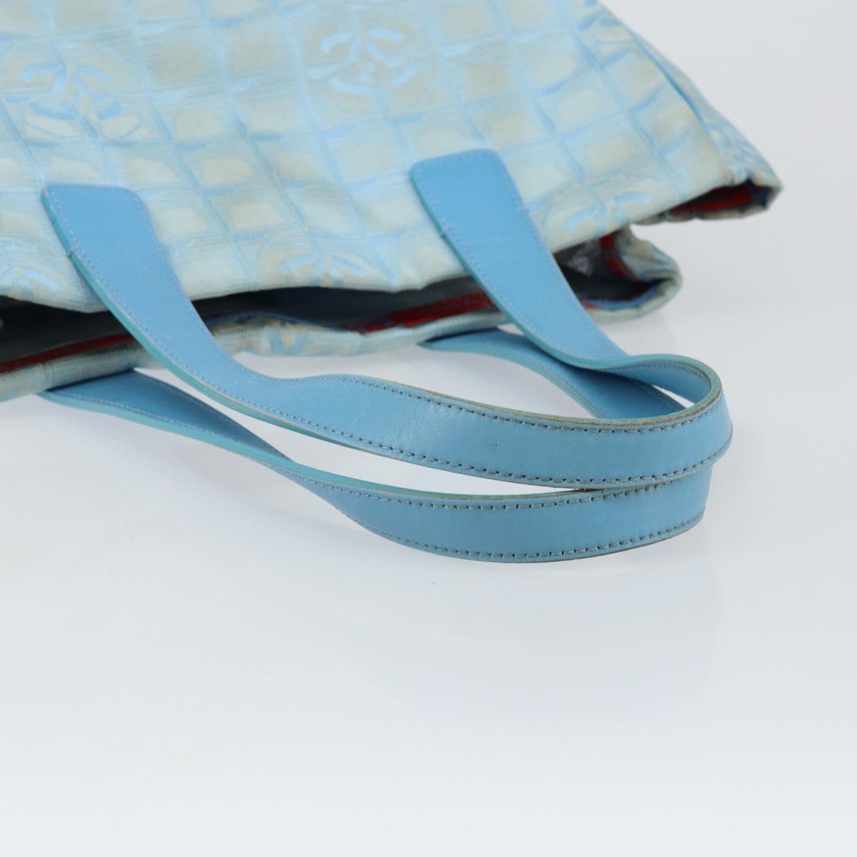 CHANEL New Travel Line Tote Bag Nylon Light Blue Silver CC Auth 142077
