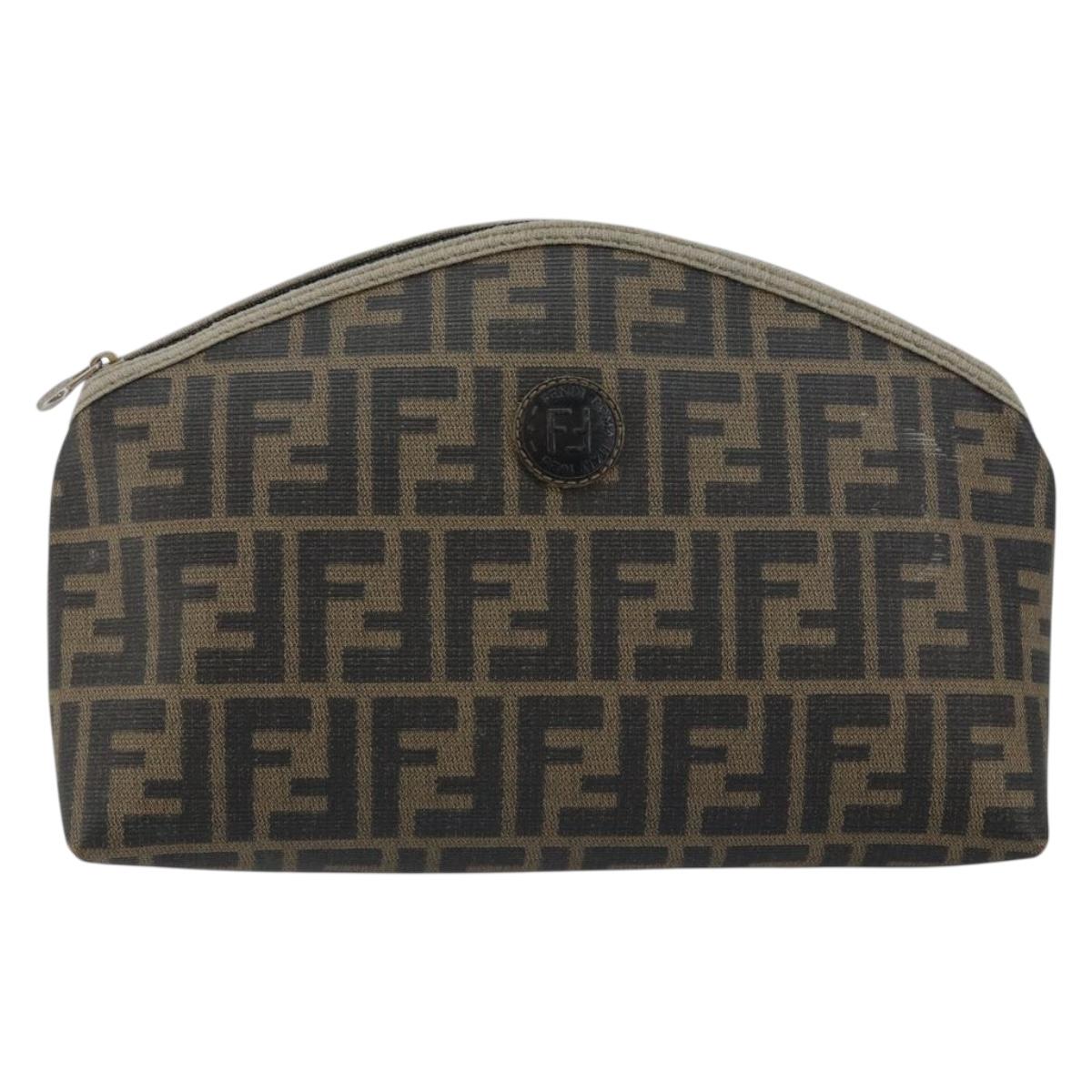 FENDI Zucca Canvas Pouch PVC Vintage Brown Black gold Auth 142080