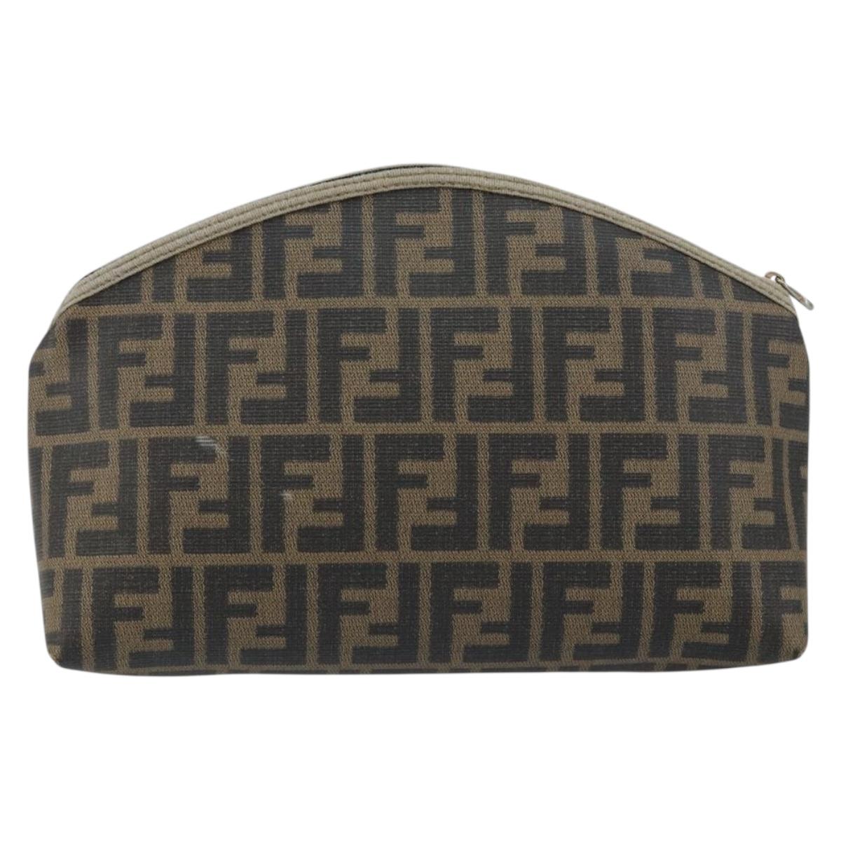 FENDI Zucca Canvas Pouch PVC Vintage Brown Black gold Auth 142080