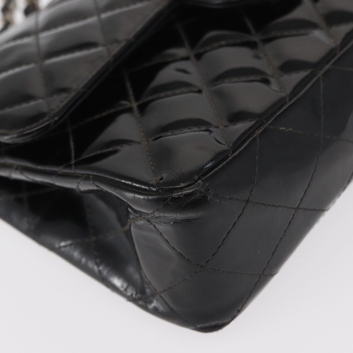 CHANEL Chain Double Flap Matelasse 23 Bag Patent Black Silver CC Auth 142096