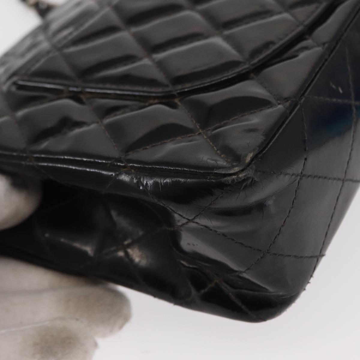 CHANEL Chain Double Flap Matelasse 23 Bag Patent Black Silver CC Auth 142096