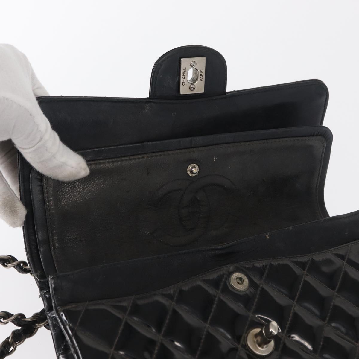 CHANEL Chain Double Flap Matelasse 23 Bag Patent Black Silver CC Auth 142096