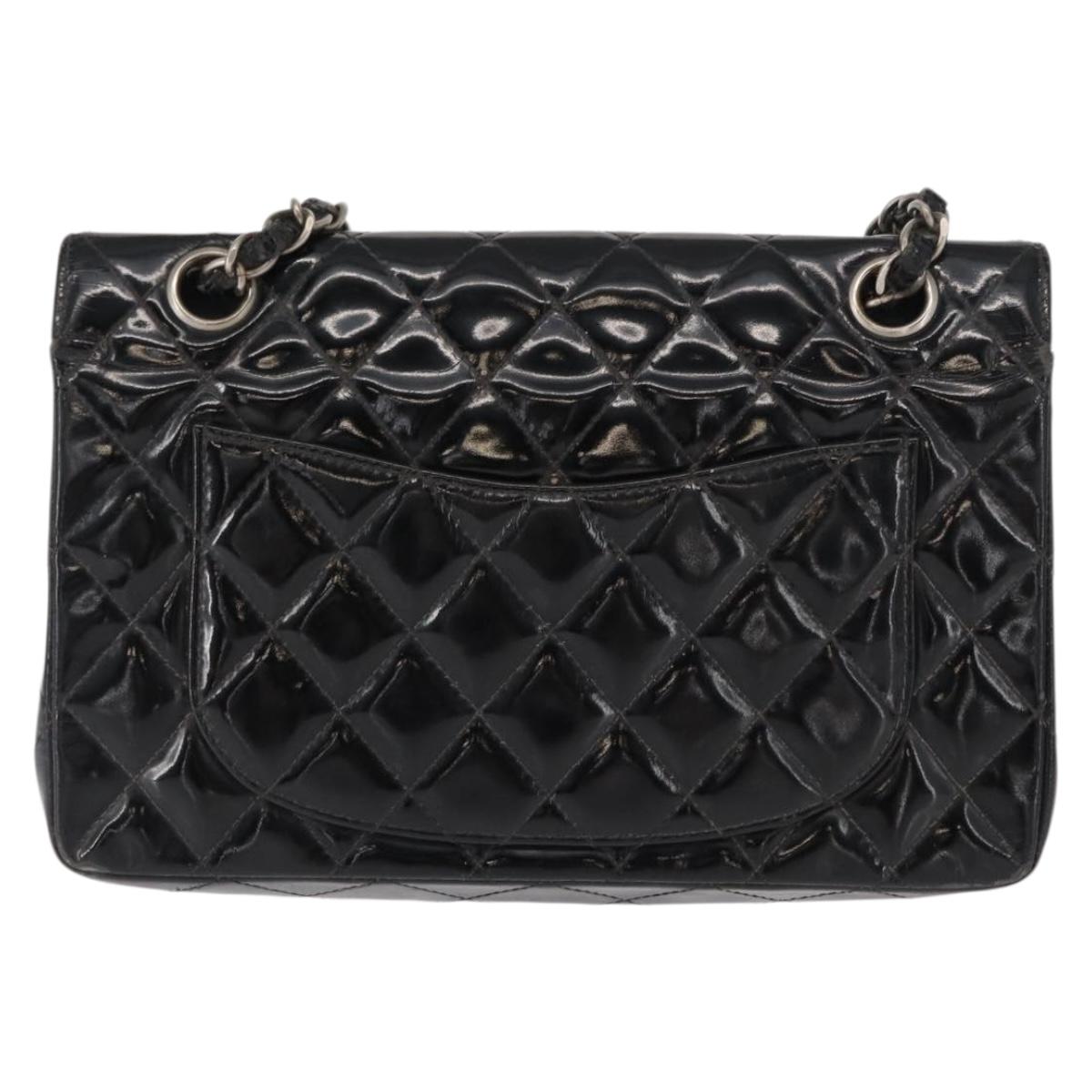 CHANEL Chain Double Flap Matelasse 23 Bag Patent Black Silver CC Auth 142096