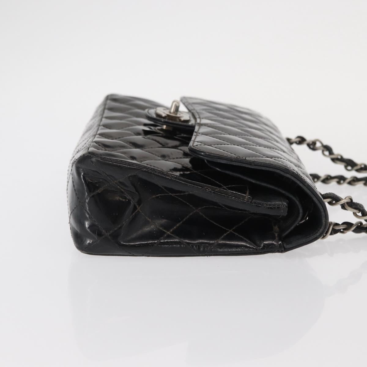 CHANEL Chain Double Flap Matelasse 23 Bag Patent Black Silver CC Auth 142096