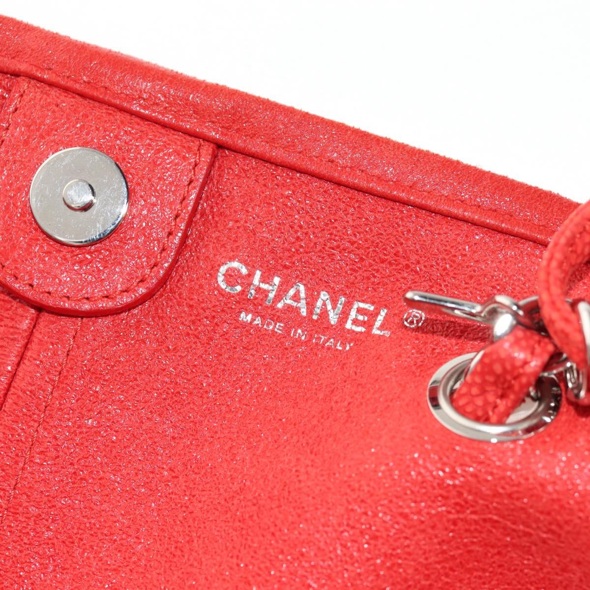 CHANEL Chain Camelia Tote Bag Caviar Skin Red Silver CC Auth 142099V