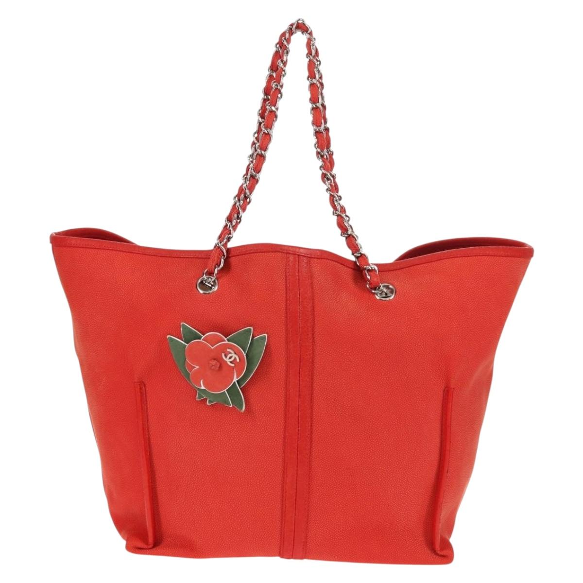 CHANEL Chain Camelia Tote Bag Caviar Skin Red Silver CC Auth 142099V