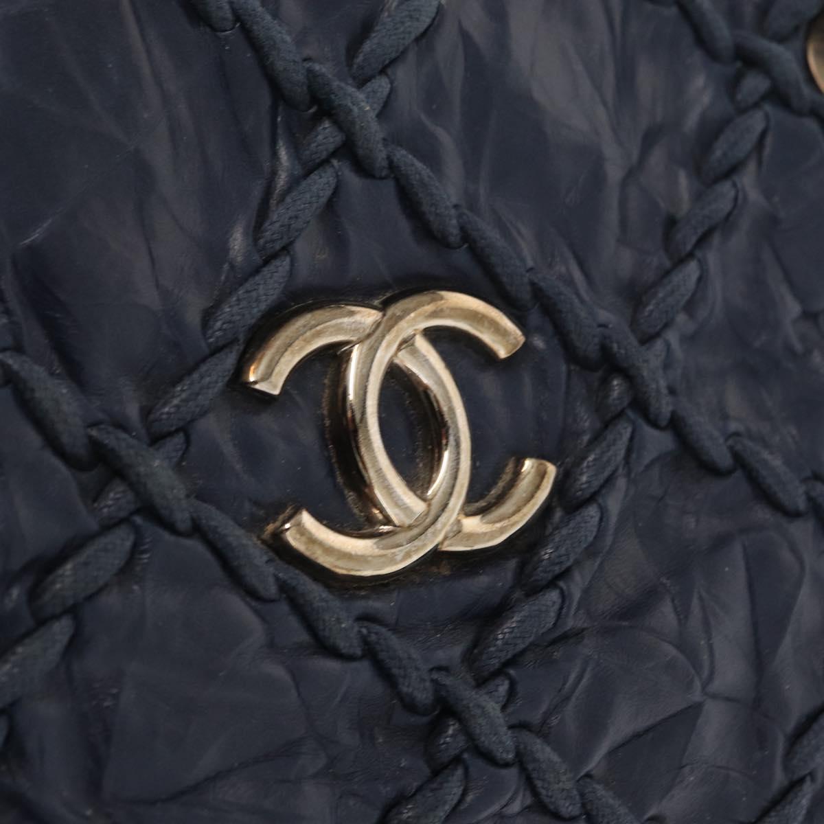 CHANEL Ultra Stitch Chain Tote Bag Calf Skin Navy Silver CC Auth 142101