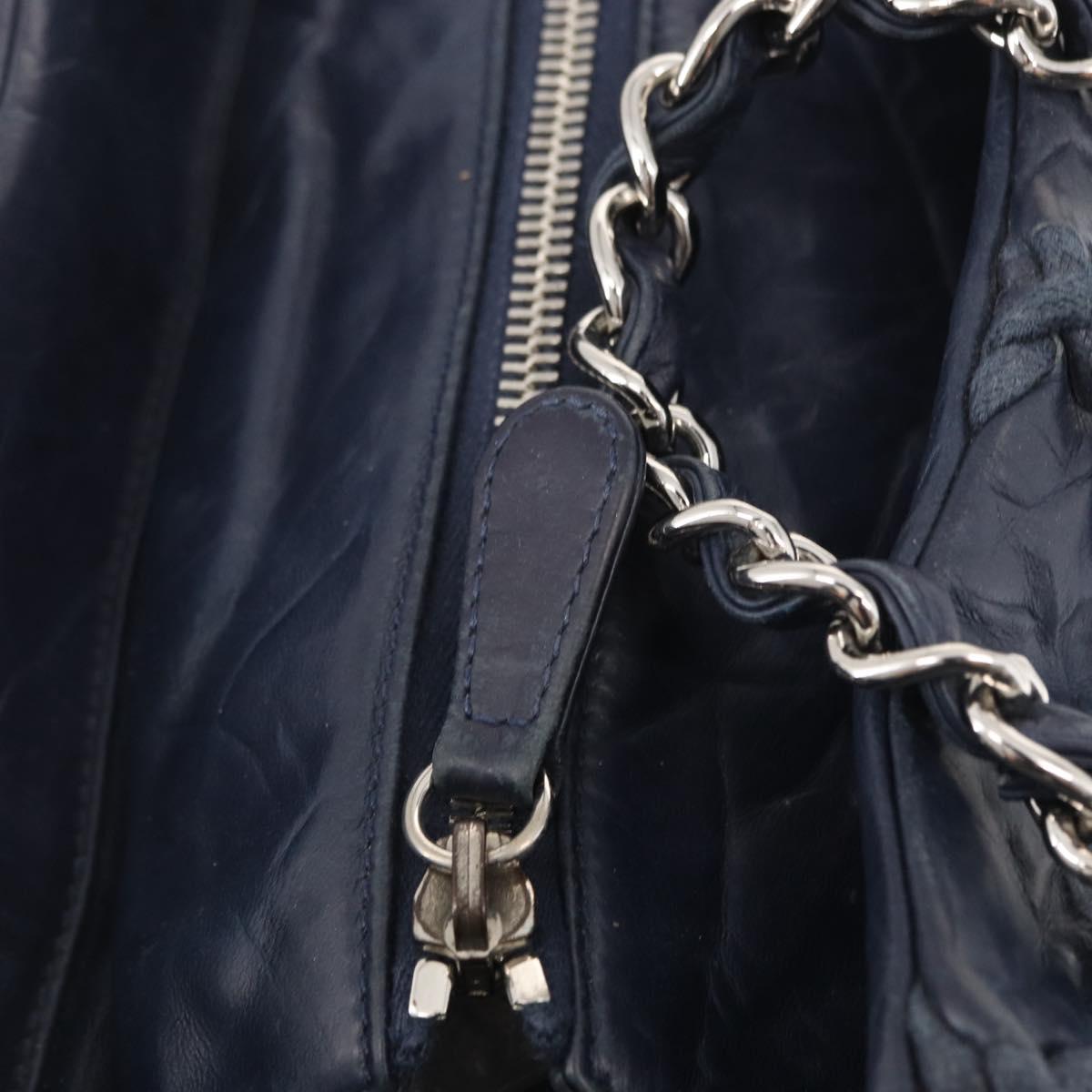 CHANEL Ultra Stitch Chain Tote Bag Calf Skin Navy Silver CC Auth 142101
