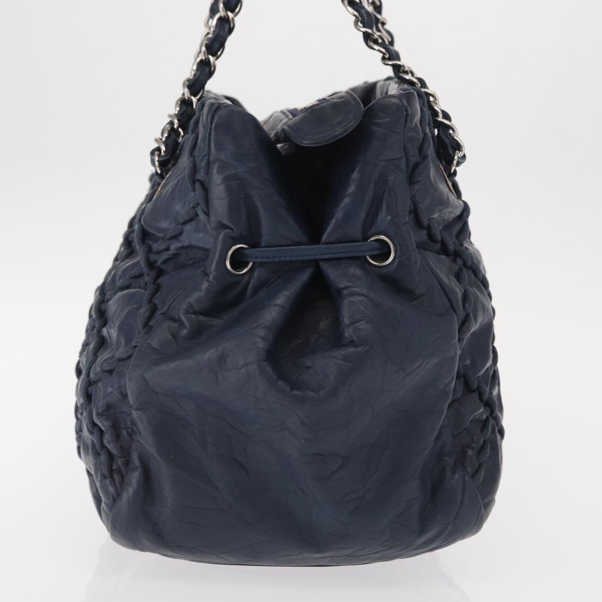 CHANEL Ultra Stitch Chain Tote Bag Calf Skin Navy Silver CC Auth 142101